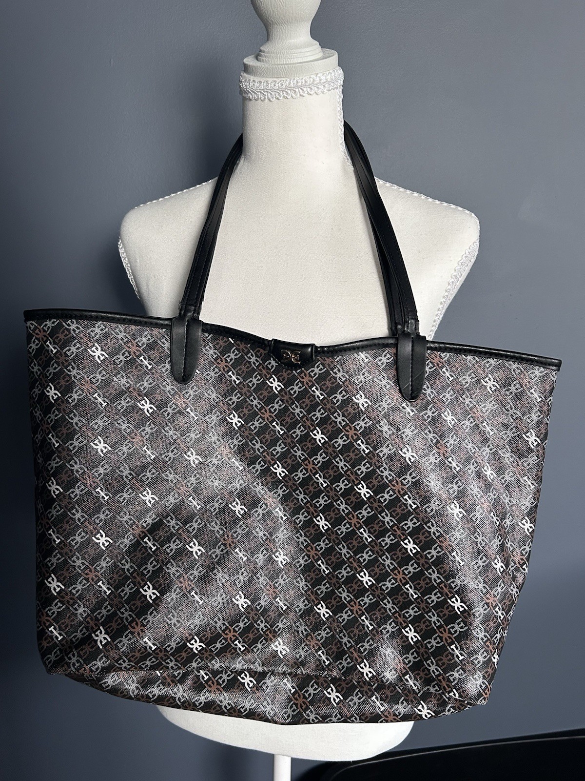 Sam Edelman Harper Monogram Shopper Tote Black/Brown Summer Logo Designer Classy