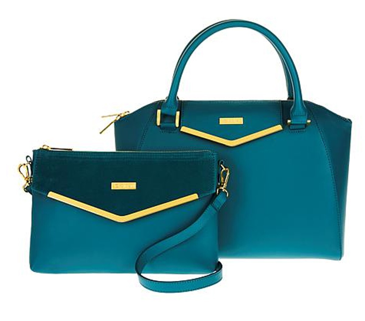 JOY & IMAN Couture Leather Satchel & Clutch with Velvet Detail Set JADE