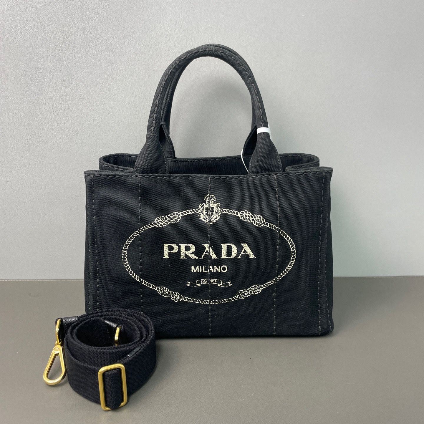 AUTH Prada Black Canvas Gold Logo Print Tote Shoulder Crossbody Bag with Strap