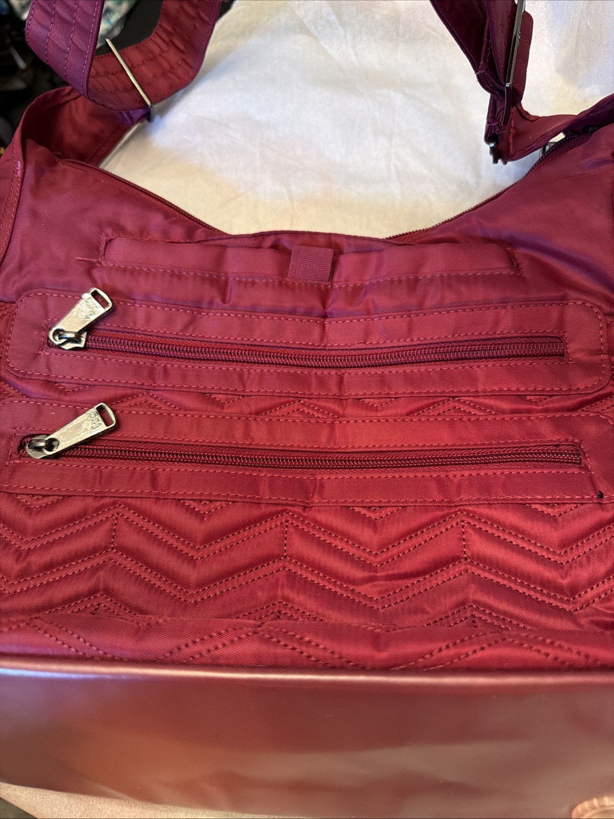 Lug Camper Shoulder Bag Red Maroon Quilted Nylon Travel Tote Crossbody Organizer