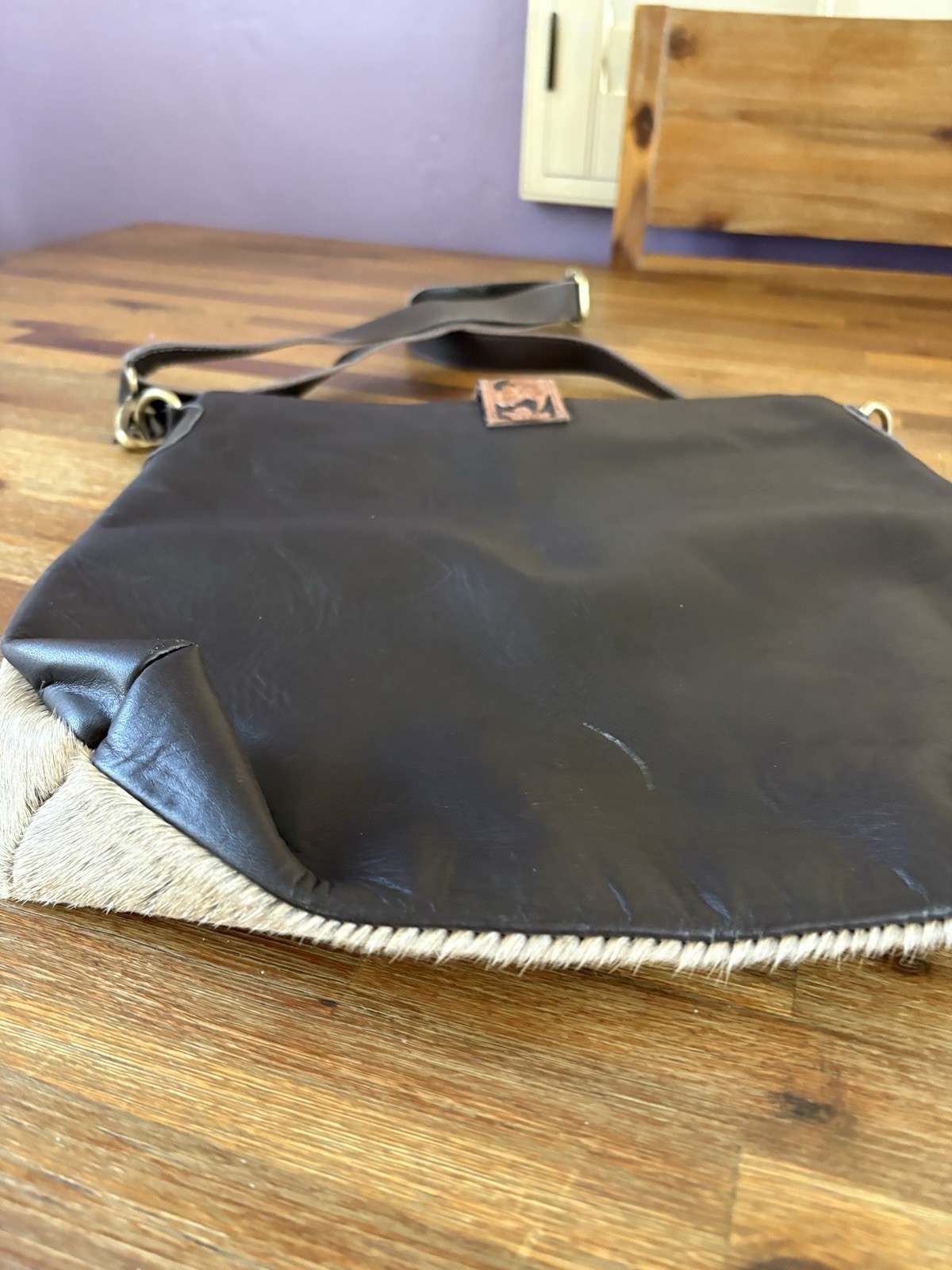 Hand Made Genuine Leather With Cow Hide Cross Body Bag Crazy Heifer 13.5” X 14”