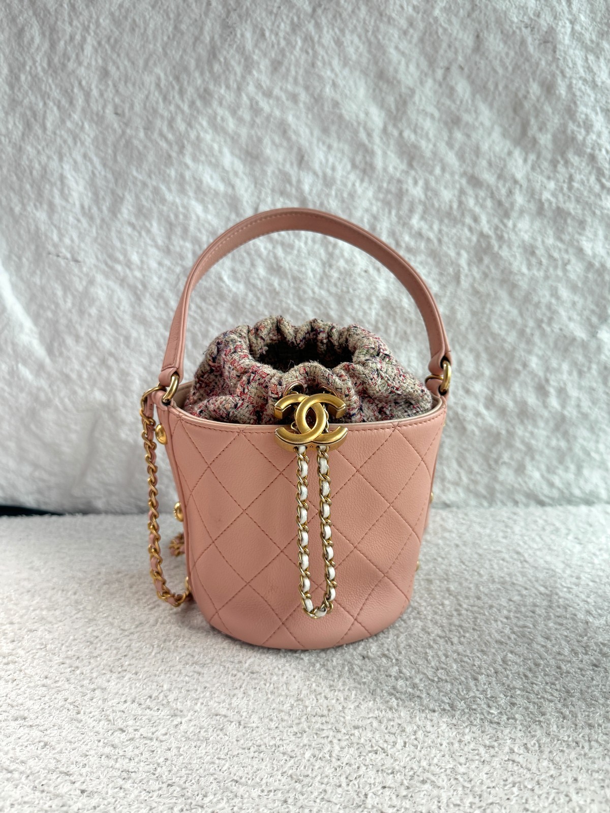 Chanel Calfskin Light Pink Tweed Small CC Chain Bucket Drawstring Bag