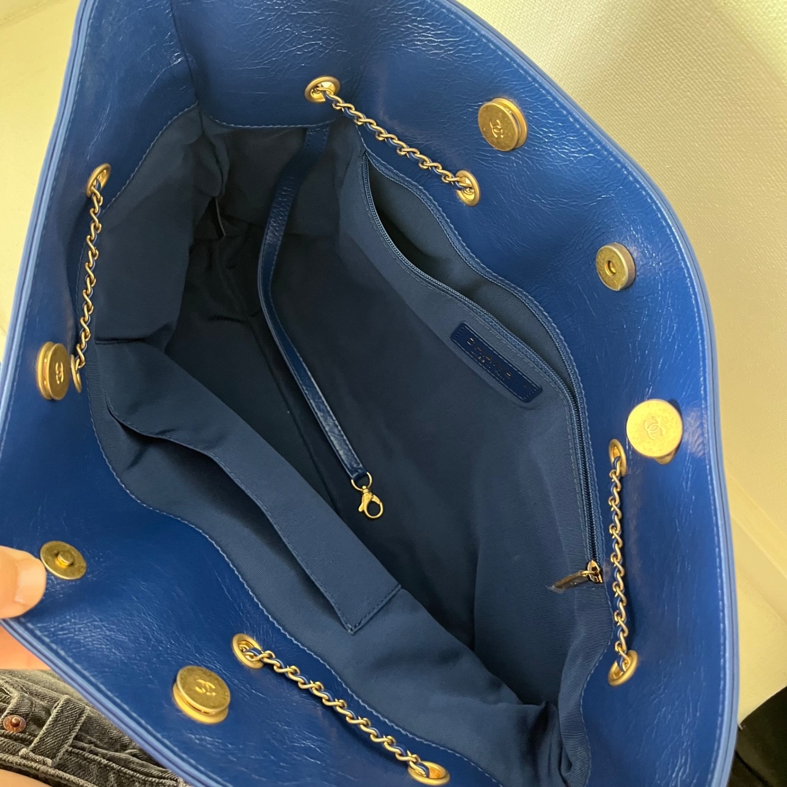 Chanel Front Zip CC Drawstring Chain Tote Quilted Blue Calfskin Leather