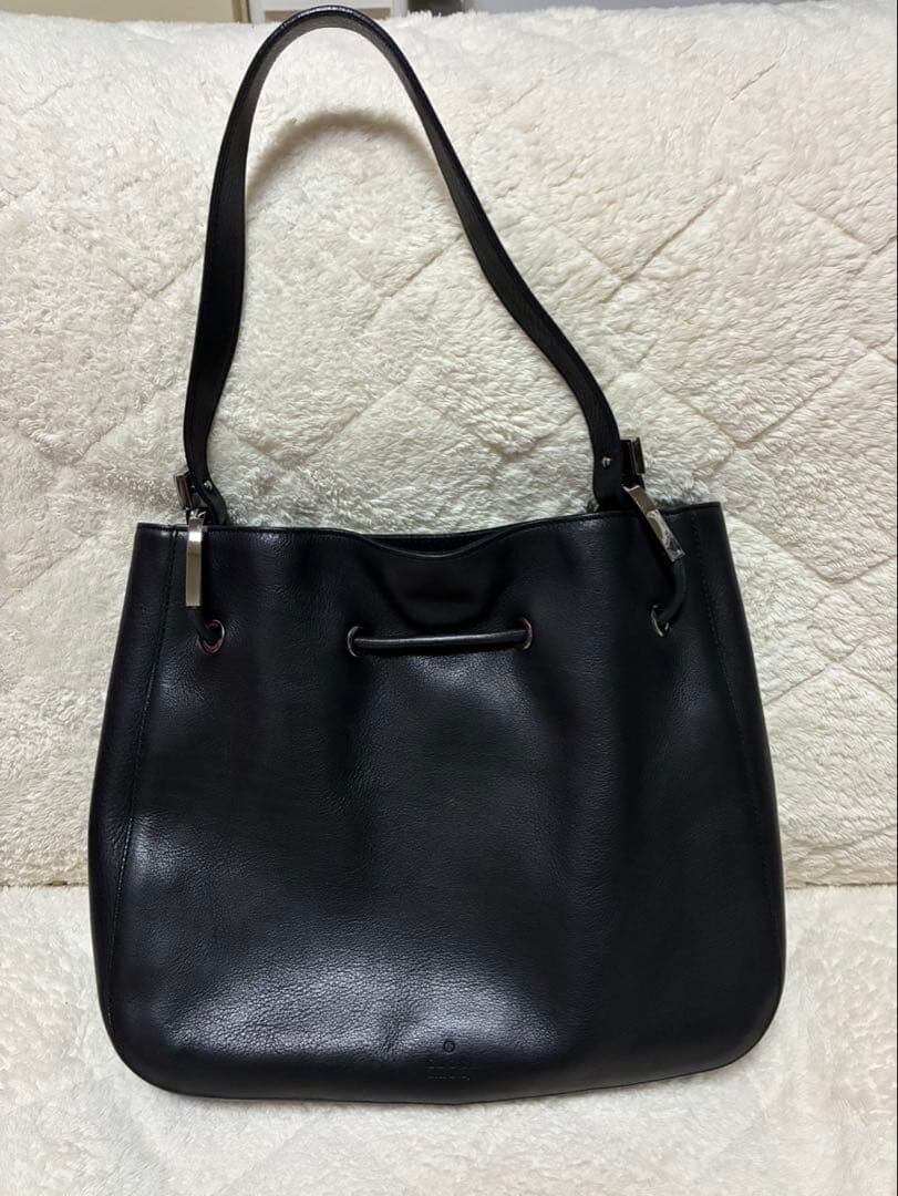 Gucci Vintage Black Leather Shoulder Bag Silver Hardware 11.8in Japan Made