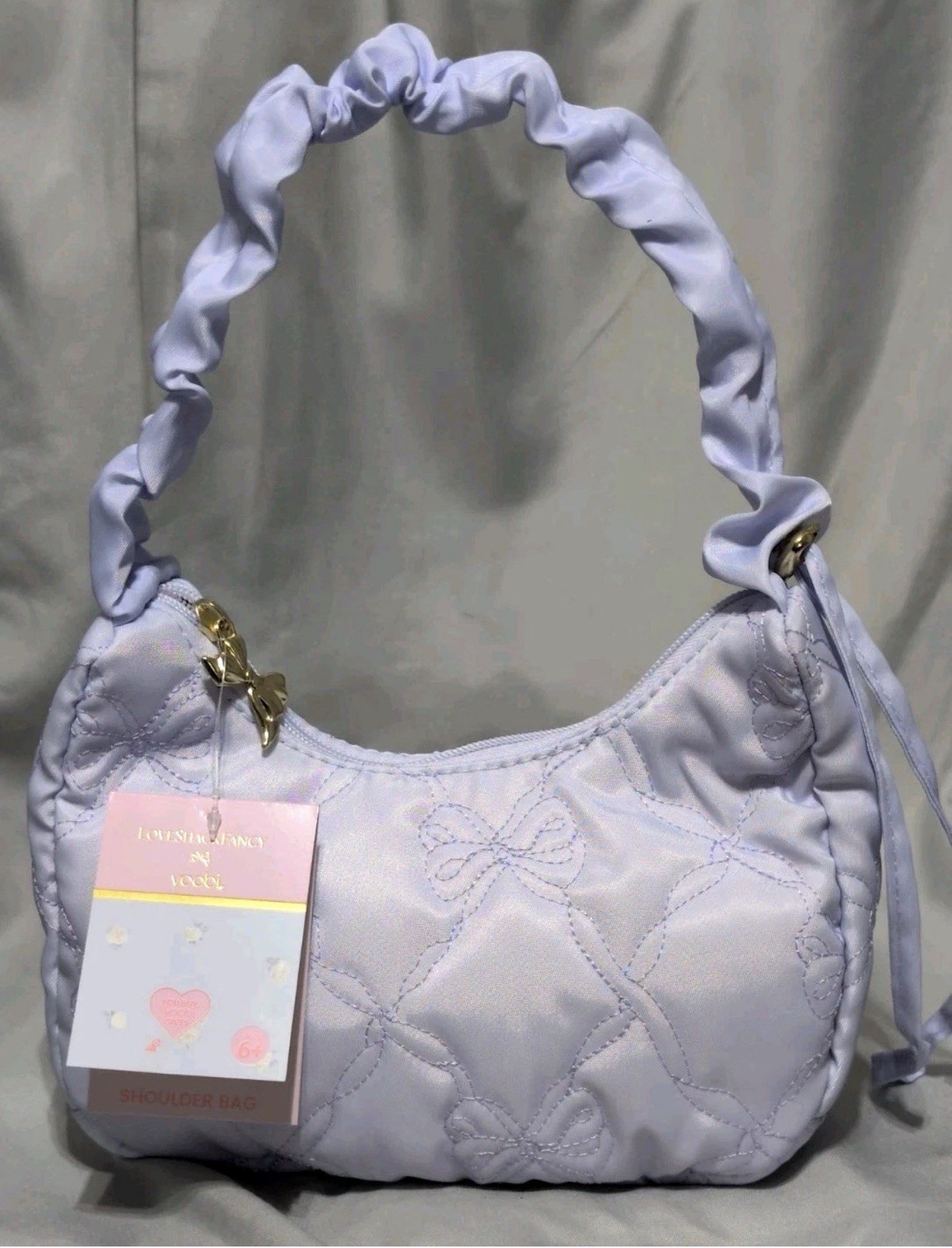LoveShackFancy x yoobi Quilted Shoulder Bag with Bow Zip, Gold Hardware – Blue