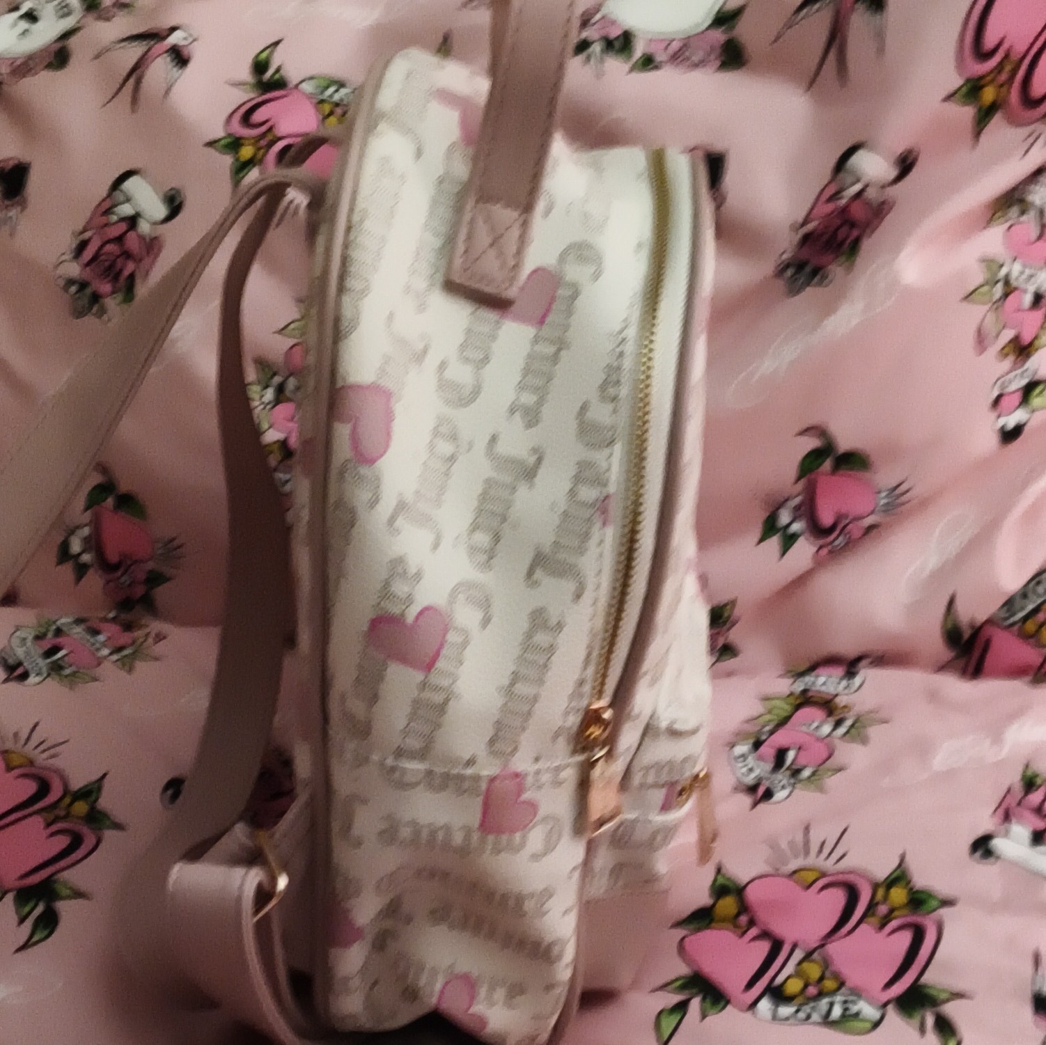 Juicy Couture White Pink Logo Heart Mini Backpack Pouch Gold Zip Pockets