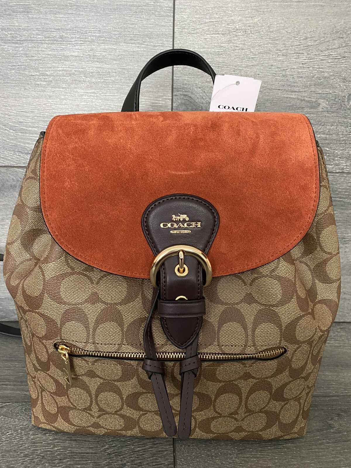 Coach Suede Kleo khaki multi backpack bag women signature