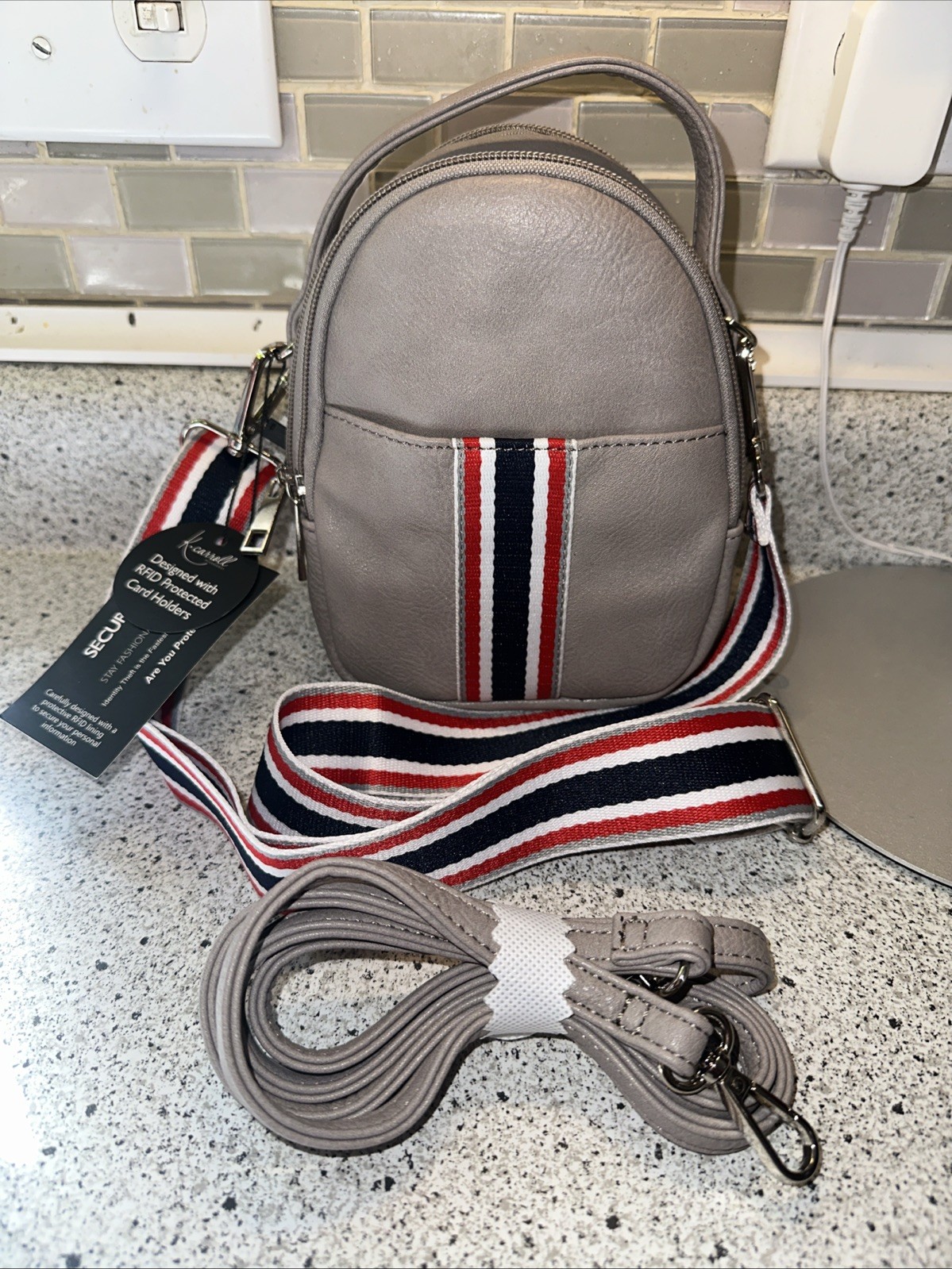 K Carroll Oval Crossbody Gray Striped Strap + Crossbody Strap NWT