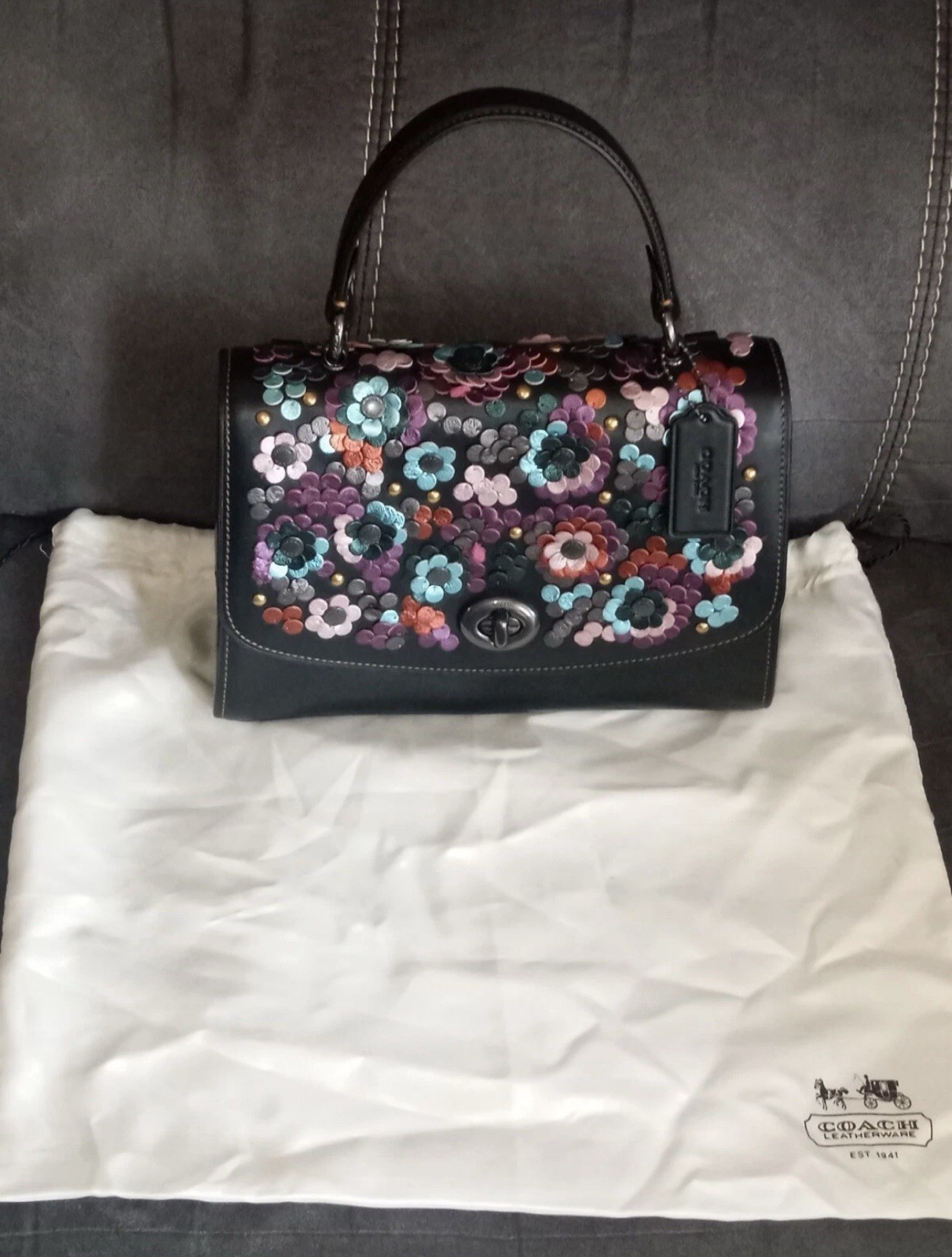 COACH MULTI COLOR LEATHER SEQUINS FLORAL BLACK LEATHER TILLY SATCHEL BAG F80213