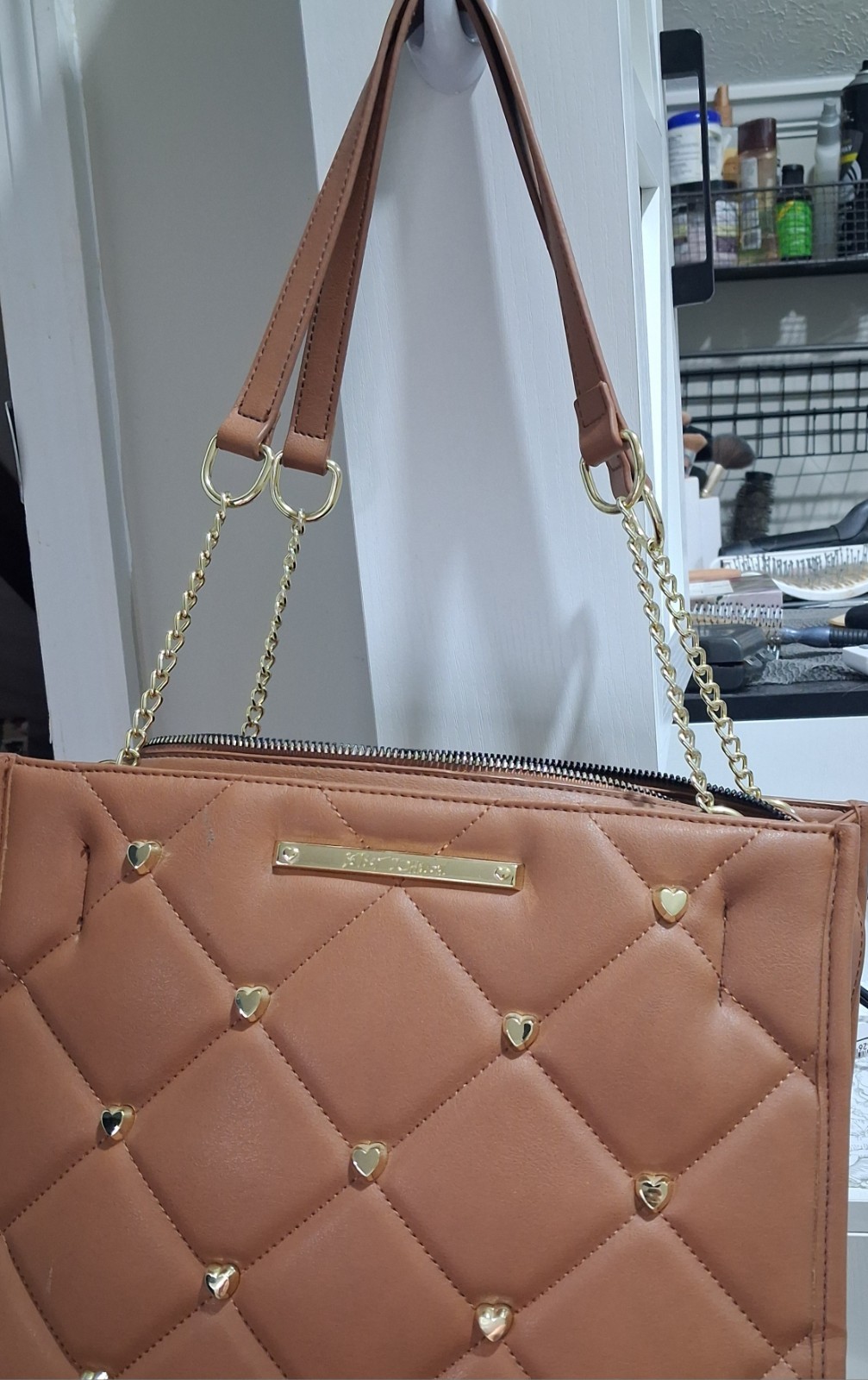 Betsey Johnson Brown Quilted Heart Studded Shoulder Bag, Zip, Floral Lining