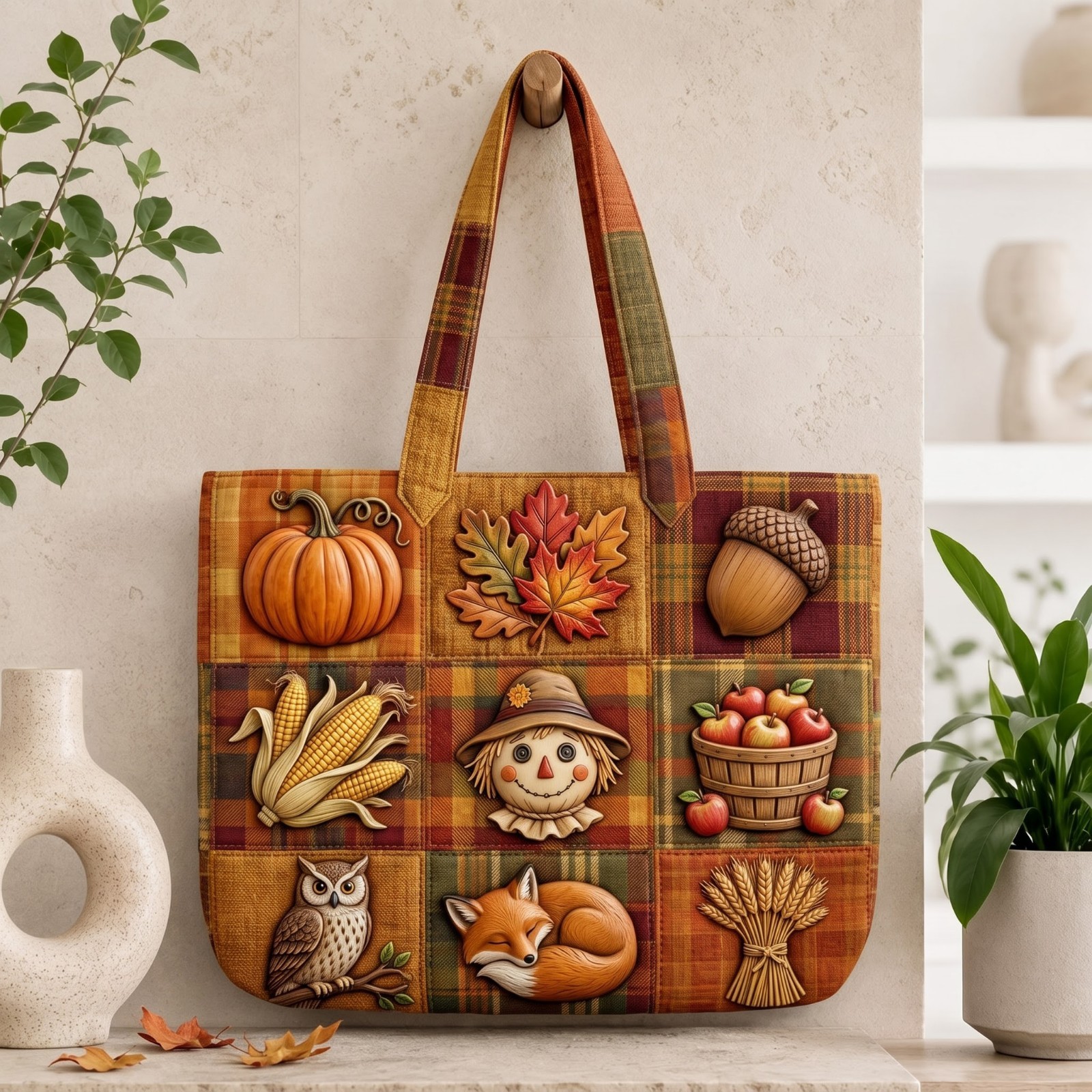 Autumn Fall Harvest Pumpkins Leaves Quilted Tote Bag Thanksgiving Patchwork Shou