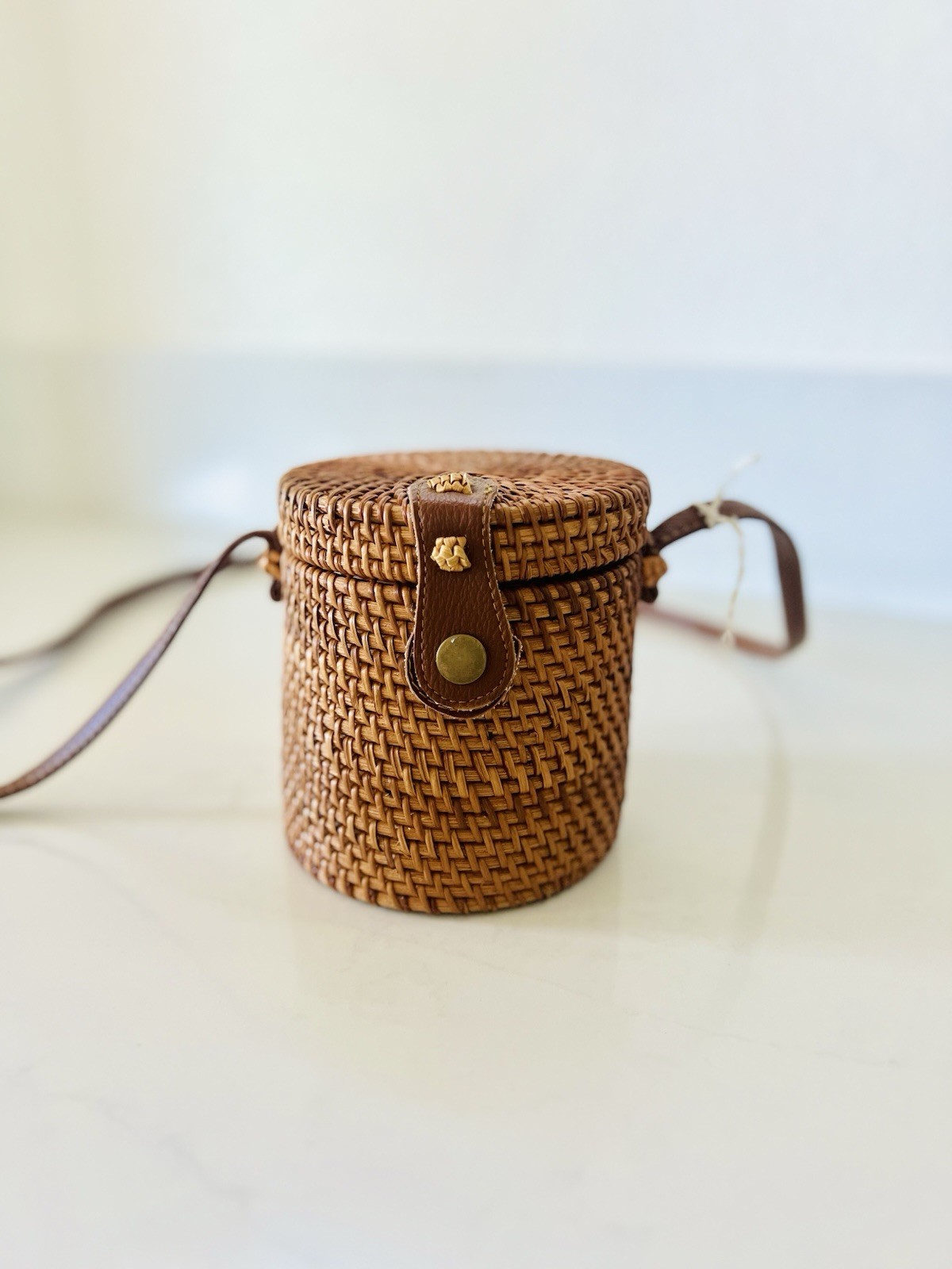 Womens Small Brown Woven Cylinder Crossbody Bag Snap, Detachable Strap, Lined