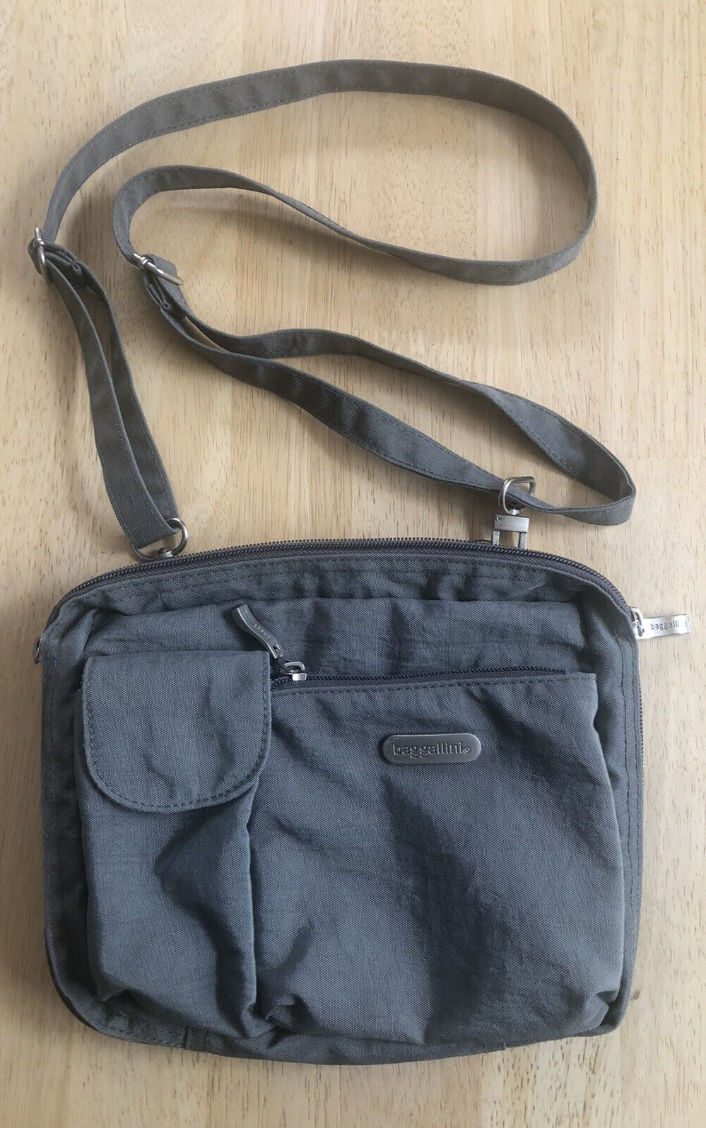 Bagallini Grey Sling Crossbody Purse with Yellow Liner and Zippers