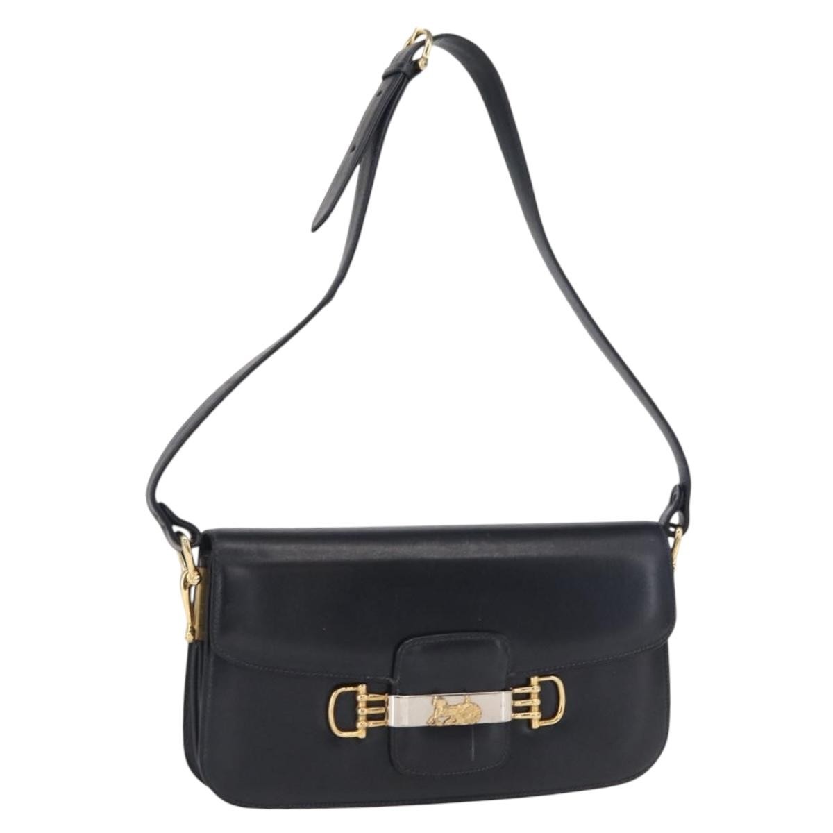 CELINE Horse Carriage Shoulder Bag Leather Navy Gold Auth 162409