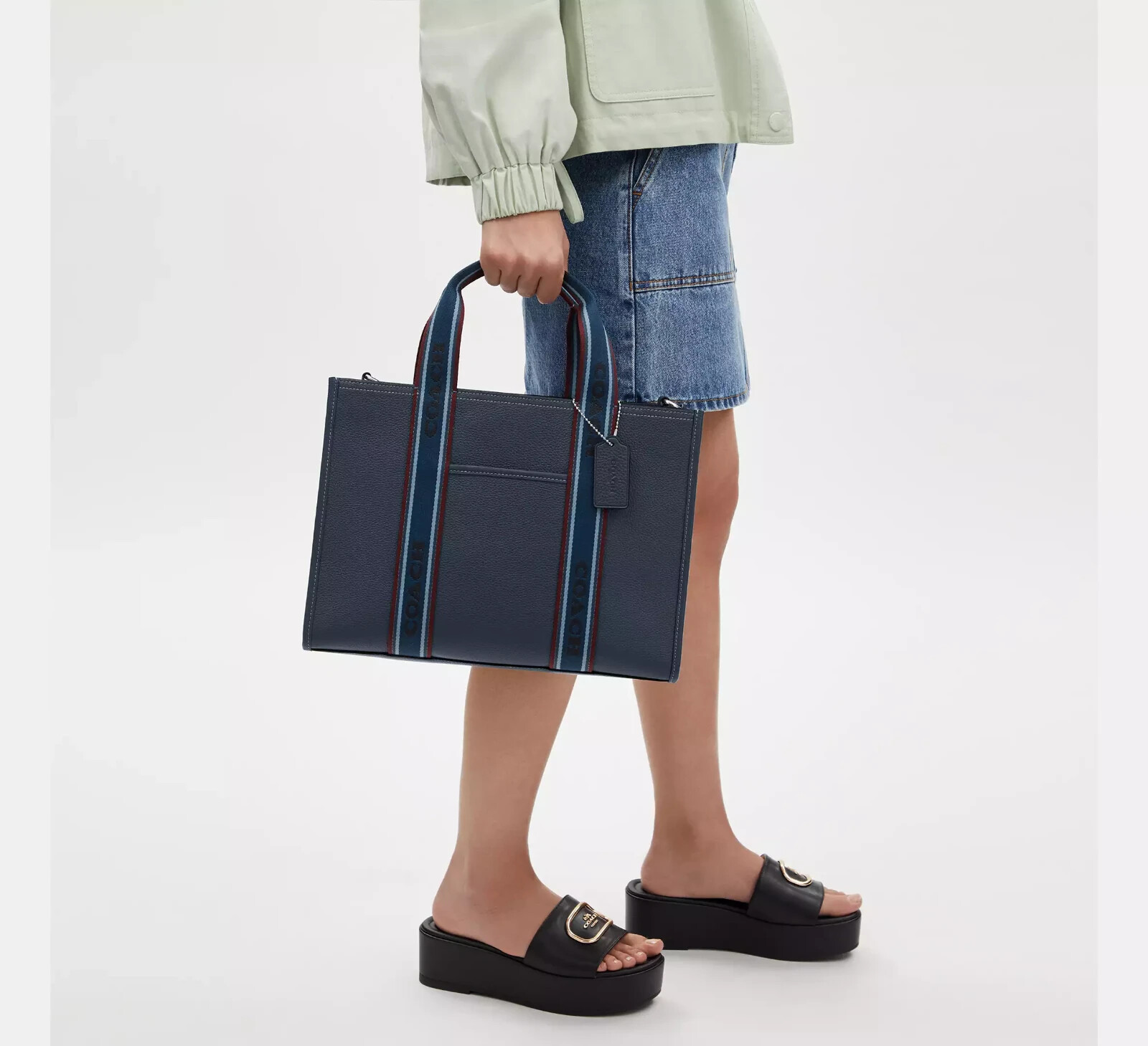 NWT Coach CU997 Smith Tote Pebble Leather & Webbing Denim Blue Crossbody Bag