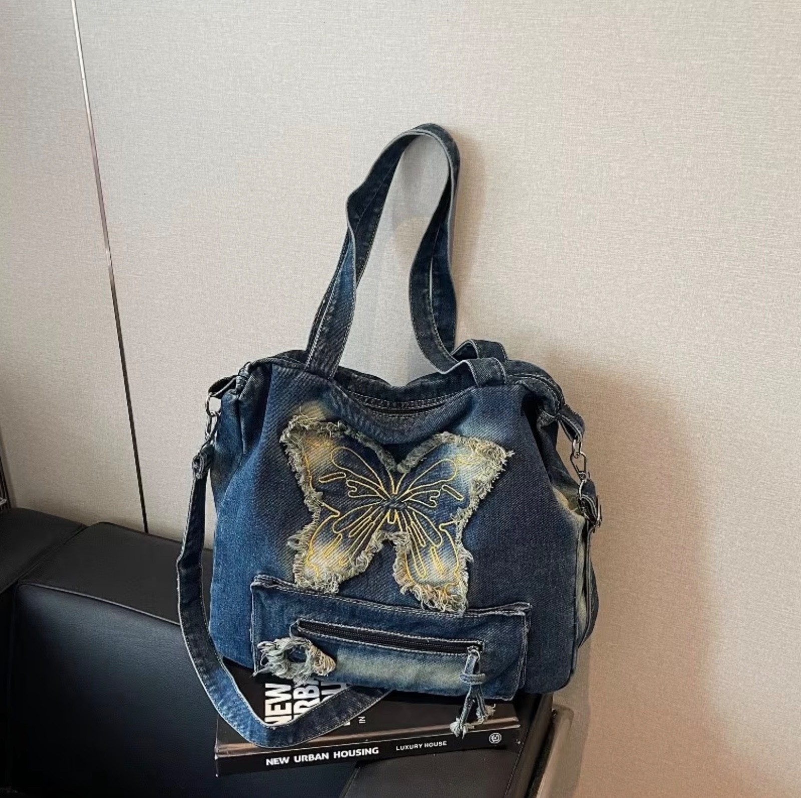 Dark Blue Denim Crossbody Shoulder Bag With Butterfly Design