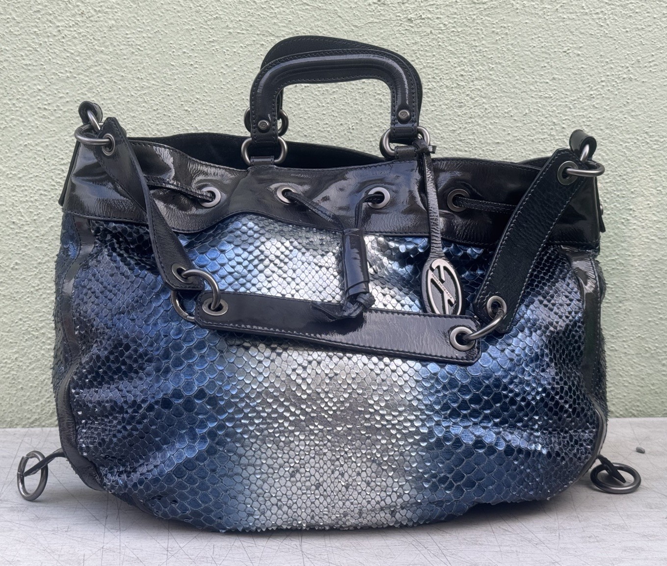 Francesco Biasia Shoulder Bag Scales Leather Bag Purse Blue Design Made in Italy