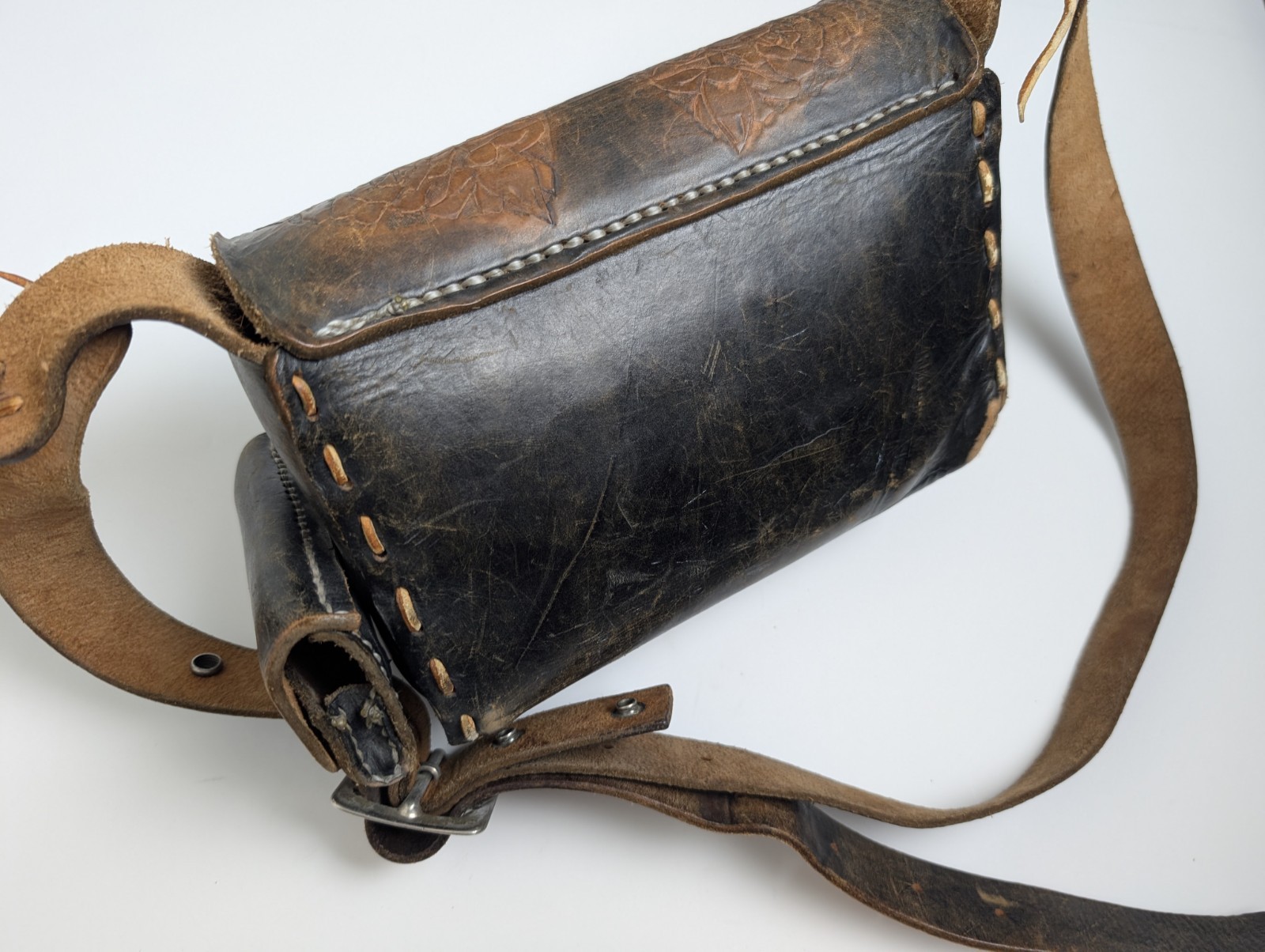 Vintage Hand Tooled Leather Belt Pouch Bag Floral Pattern Monogram TM Handmade