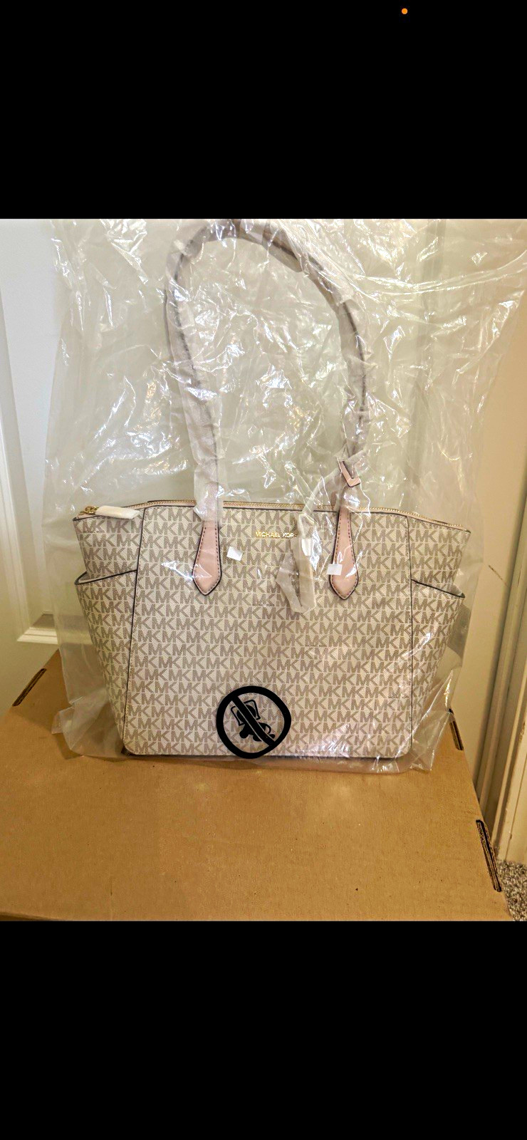 Michael Kors MK Monogram Signature Logo Tote Beige Zip Double Handles Gold Charm