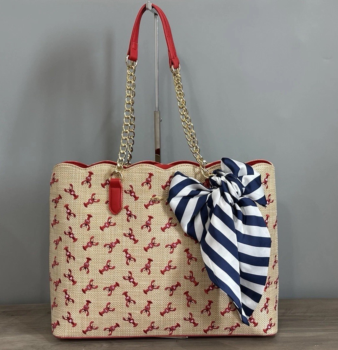 Betsey Johnson Lobster Red/Tan Straw Tote Scalloped Nautical Bag NWT Plus Scarf