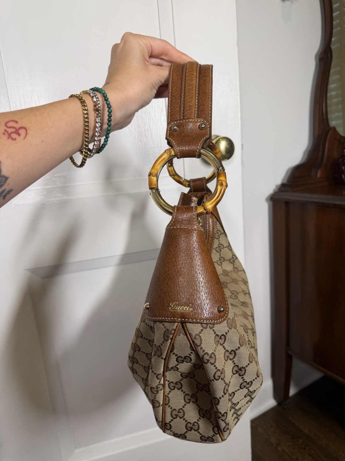 Gucci GG Canvas Bamboo Ring Hobo Shoulder Bag Zip w/ Dust Bag