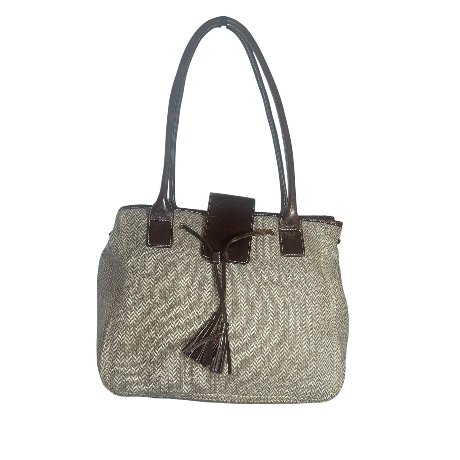 Lands’ End Wool Blend Tote Bag Brown Leather Trim Tassel Accent