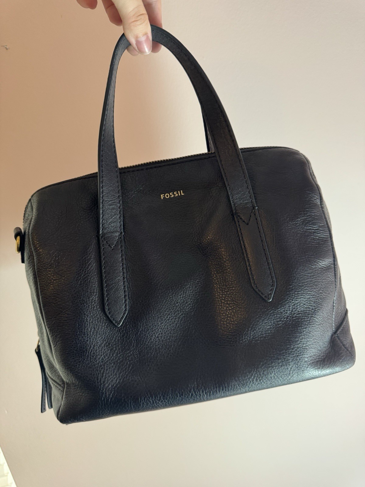 Fossil Black Pebbled Leather Satchel Purse Bowler Tote Zip Top Gold Hardware