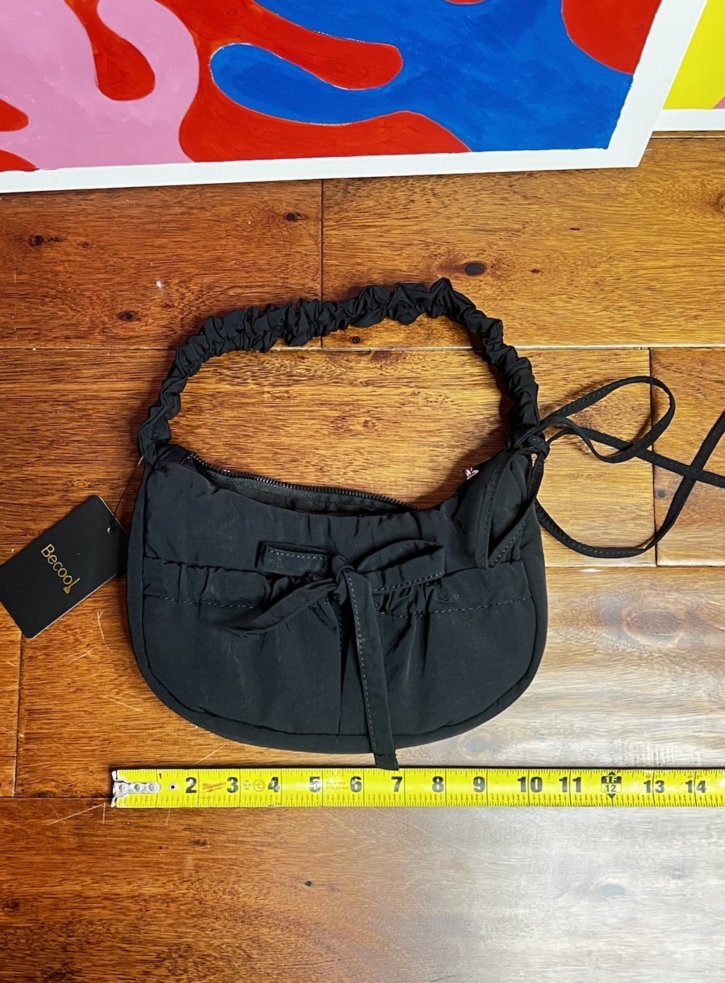 Becool Black Shoulder Bag Bow Ruffle Accents Zip Closure Women’s Medium
