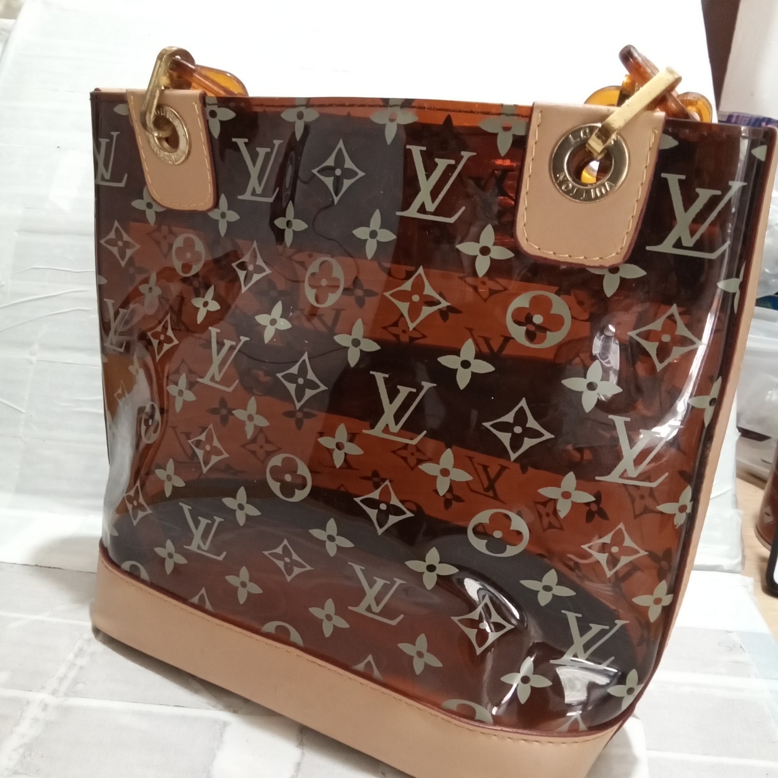 LOUIS VUITTON Brown Clear Vinyl Cabas Tote Bag Monogram