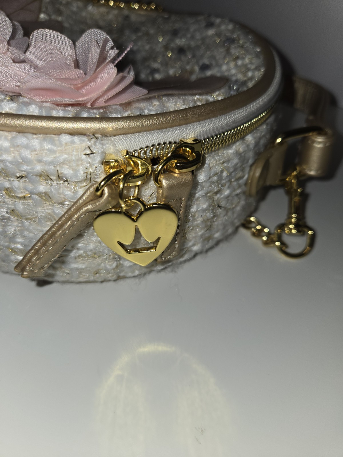 Disney Princess Round Tan White Tweed Crossbody Bag Purse Rhinestones 3D Floral