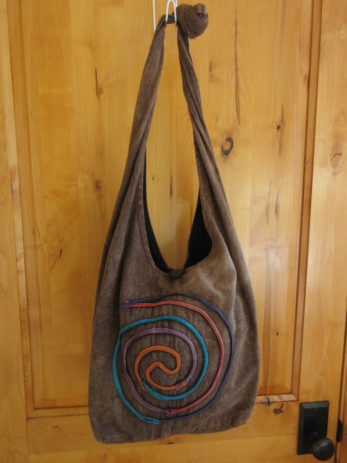 NEPAL COTTON SHOULDER BAG EARTH BROWN COLOR SPIRAL IMAGE ZIP CLOSE LINED LARGE