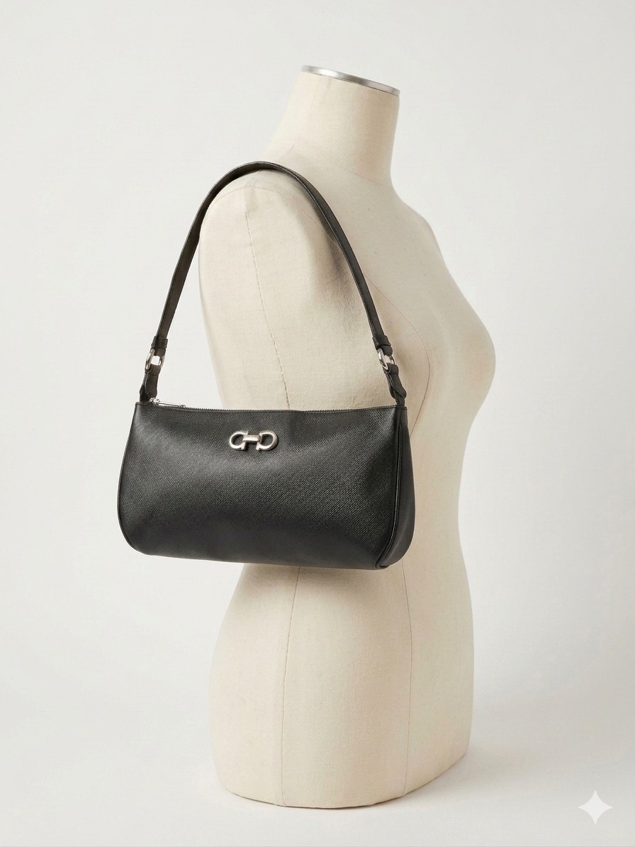 Authentic Ferragamo Gancini Saffiano Leather Lisetta Mini Baguette Bag Vintage