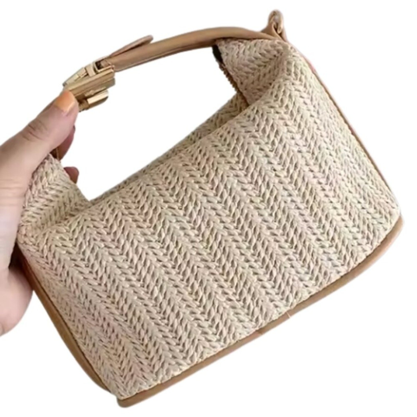 NWT Raffia Woven Bucket Bag Khaki Brown Gold Top Handle Crossbody
