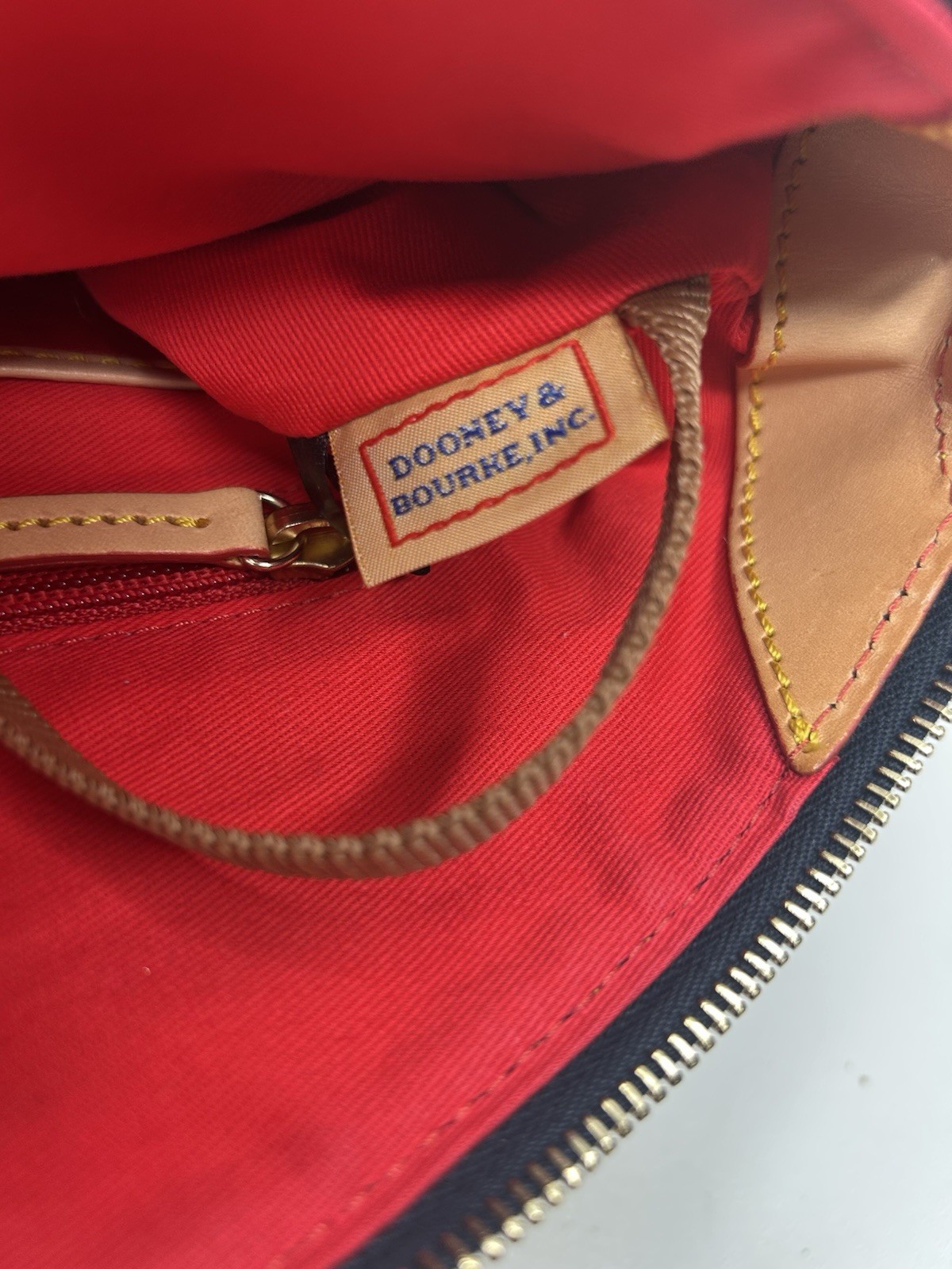 DOONEY & BOURKE Large Dark Navy Patent Leather Satchel Bag Tan Trim & Strap