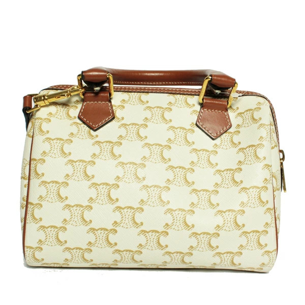 Celine Triomphe Small Boston Canvas Calfskin White Brown 197582 from Japan #188