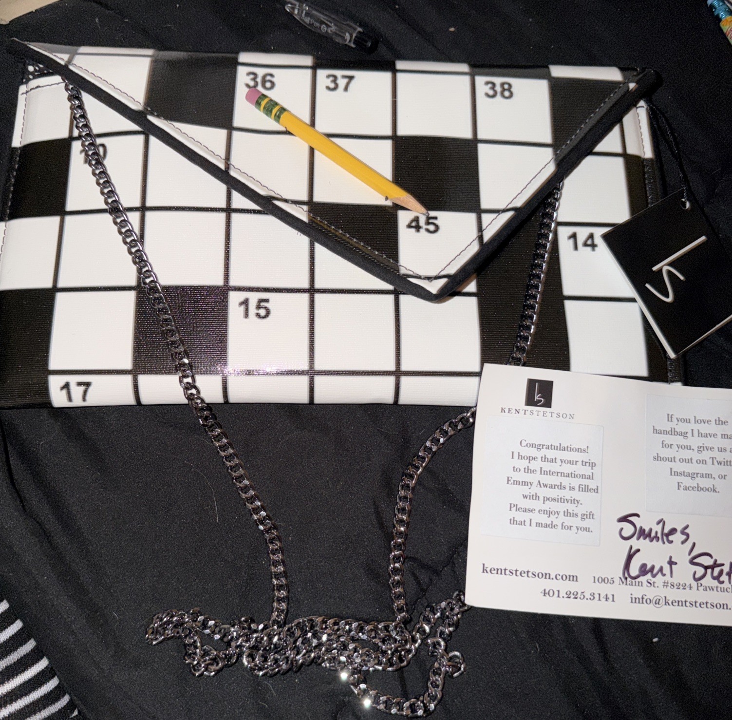 Kent Stetson Clutch Crossword Puzzle Removable Chain Strap Artist Signed NWT