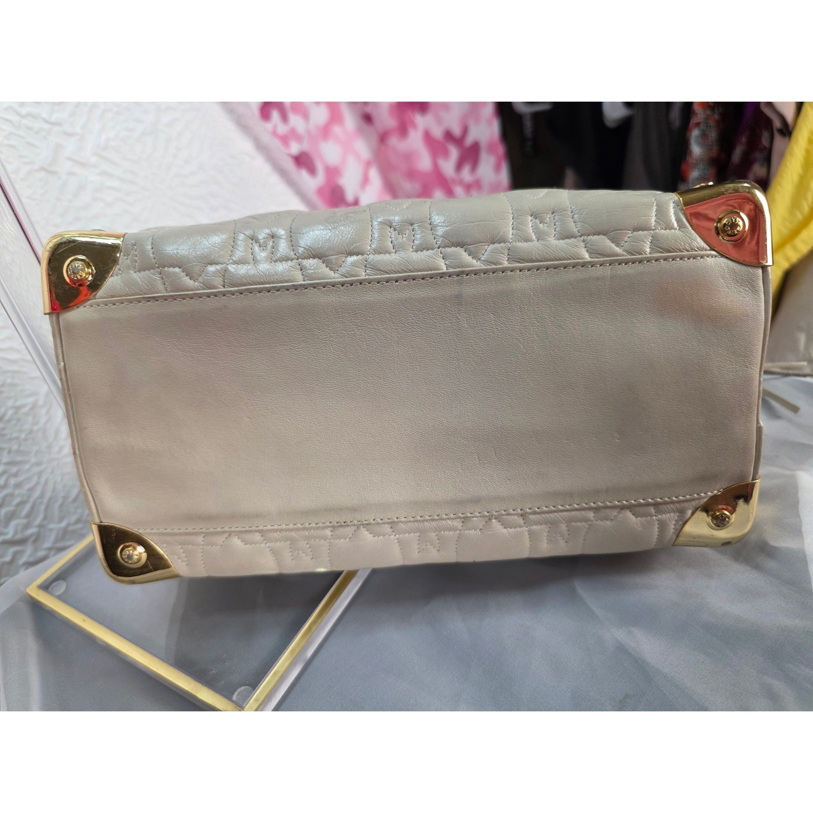 Metrocity Cream Quilted Leather Satchel Bag Gold Hardware Logo Tassel Handbag