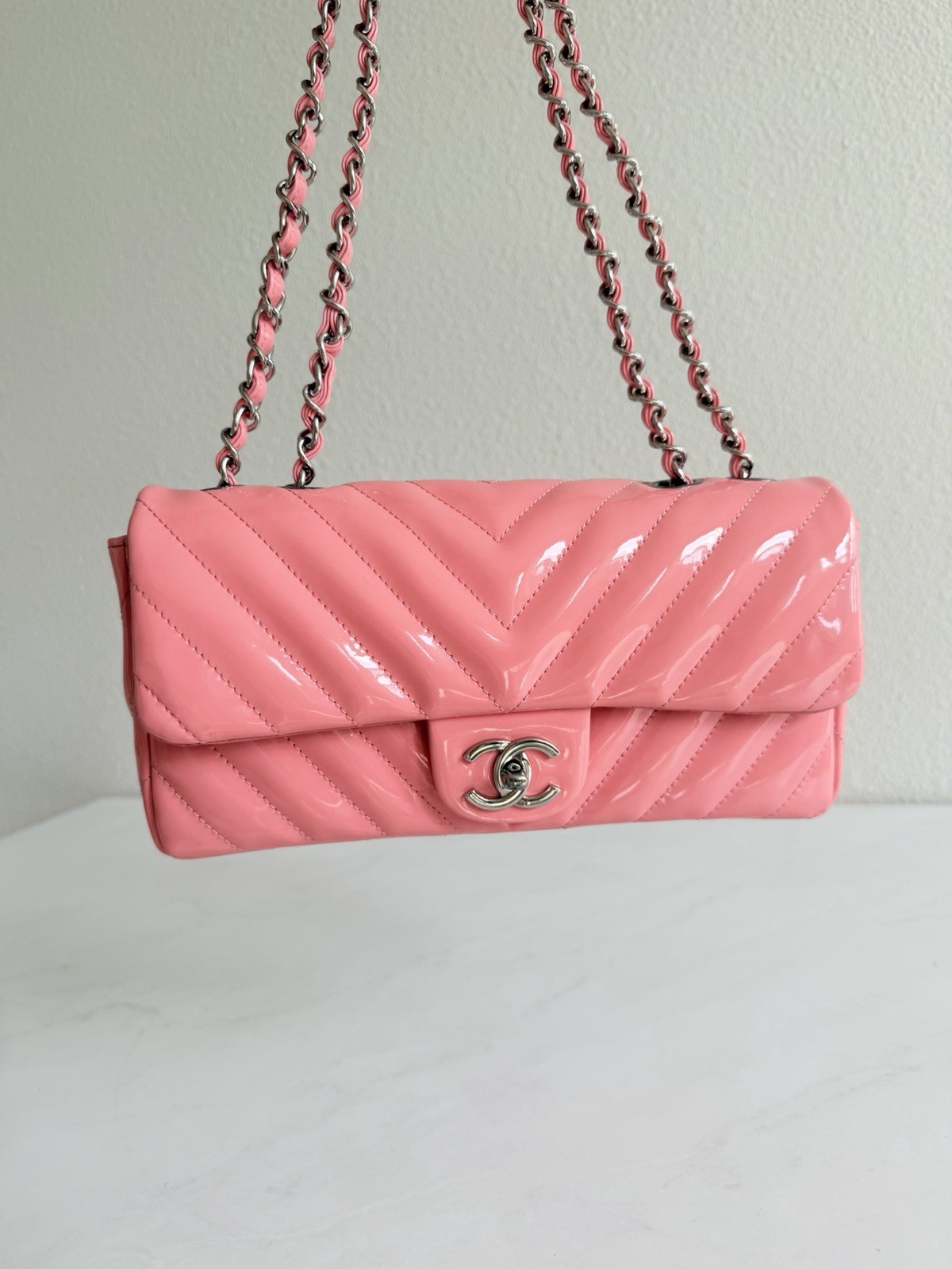Authentic Chanel Coral Chevron Patent Leather Chevron Single Flap Classic Bag