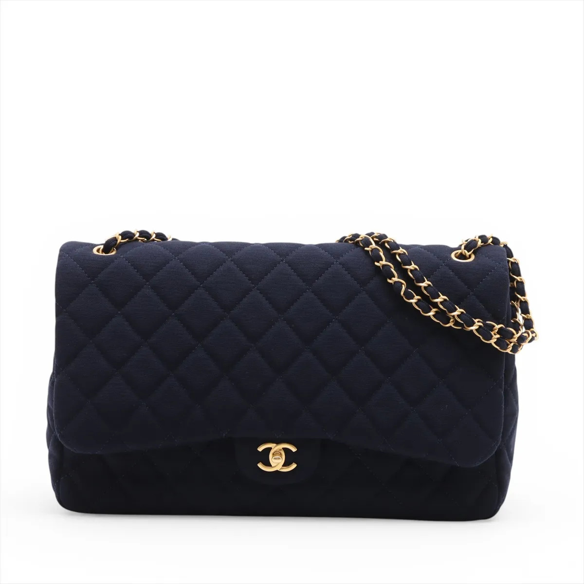 Chanel Big Matelasse Cotton Single Flap Double Chain Bag Navy Blue Gold Metal Fi