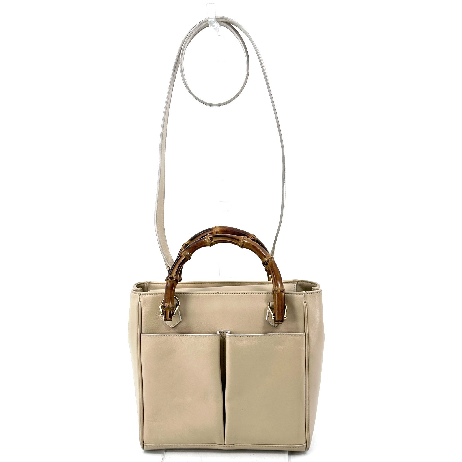 Gucci Hand Bag Bamboo 2Way Shoulder Leather Beige Authentic 333T0346