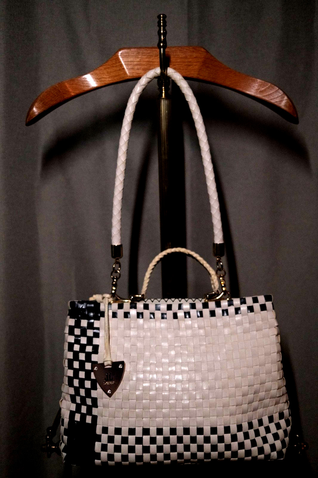 Loriblu Italy Black & White Woven Leather Tote Bag Checker Top Handle