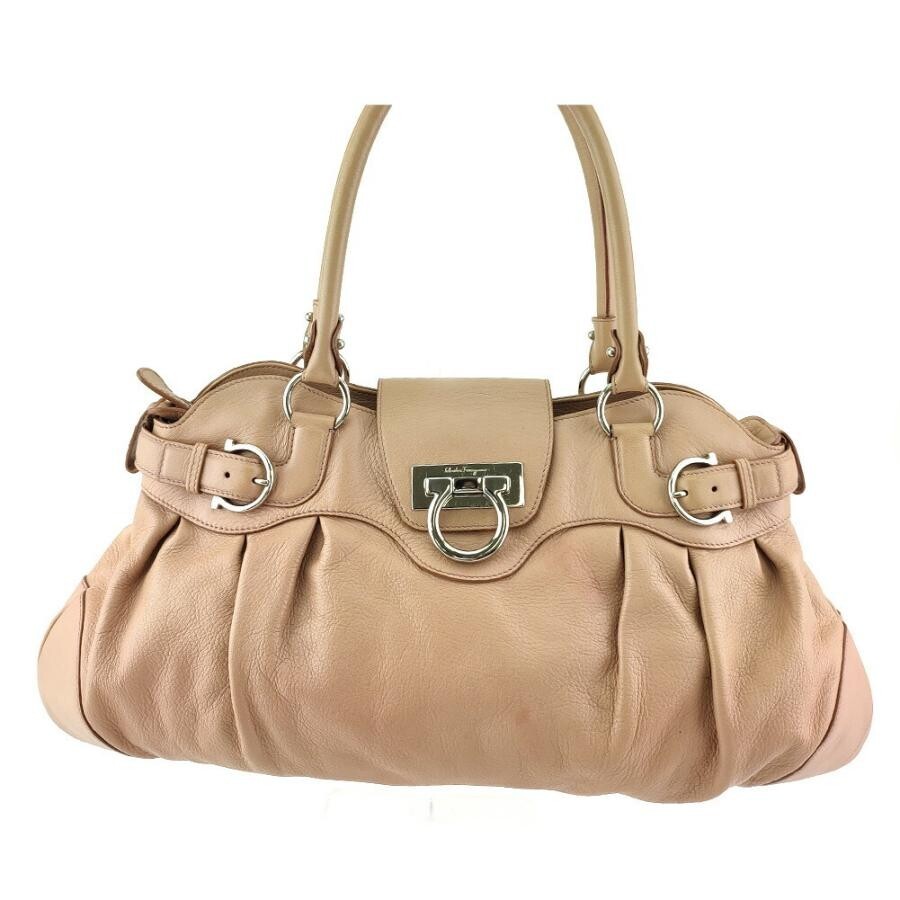 Salvatore Ferragamo Gancini Pink Beige Leather Tote Handbag Silver Hardware