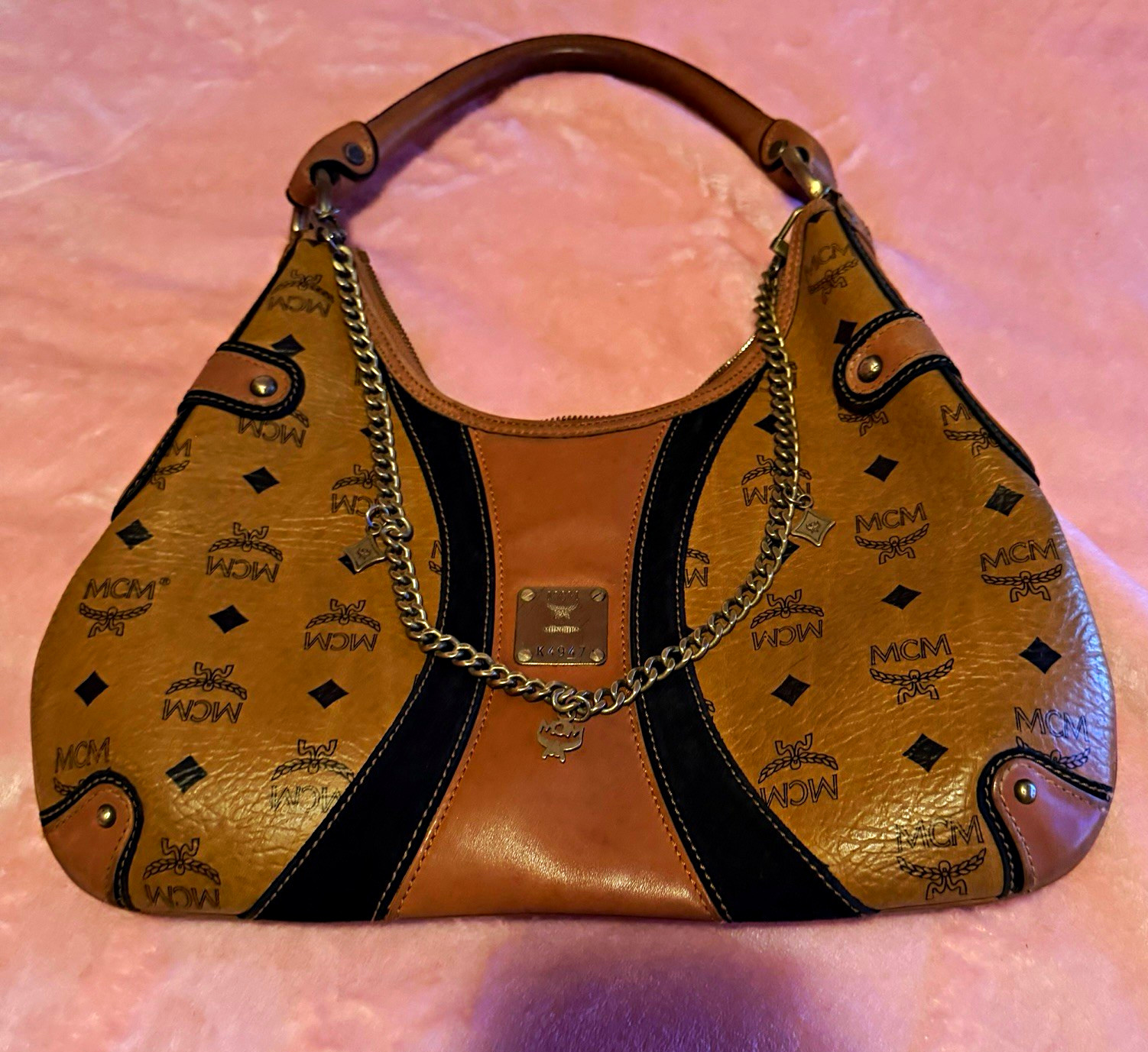 MCM Brown Monogram Visetos Hobo Bag Top Handle Zip Chain Bag Charm Gold HW