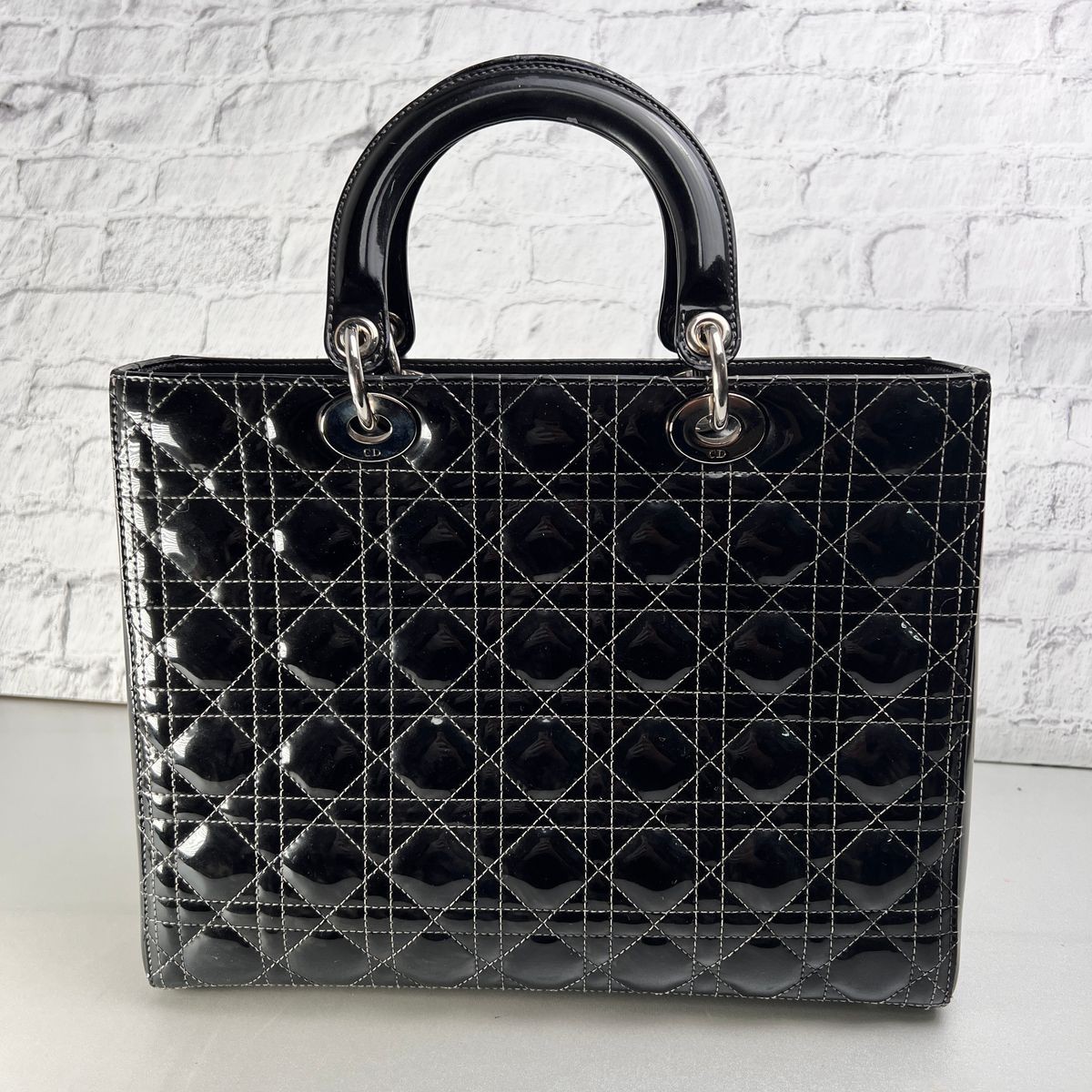 DIOR Bag: Cannage Patent Leather Black W33H25D16cm w/card;