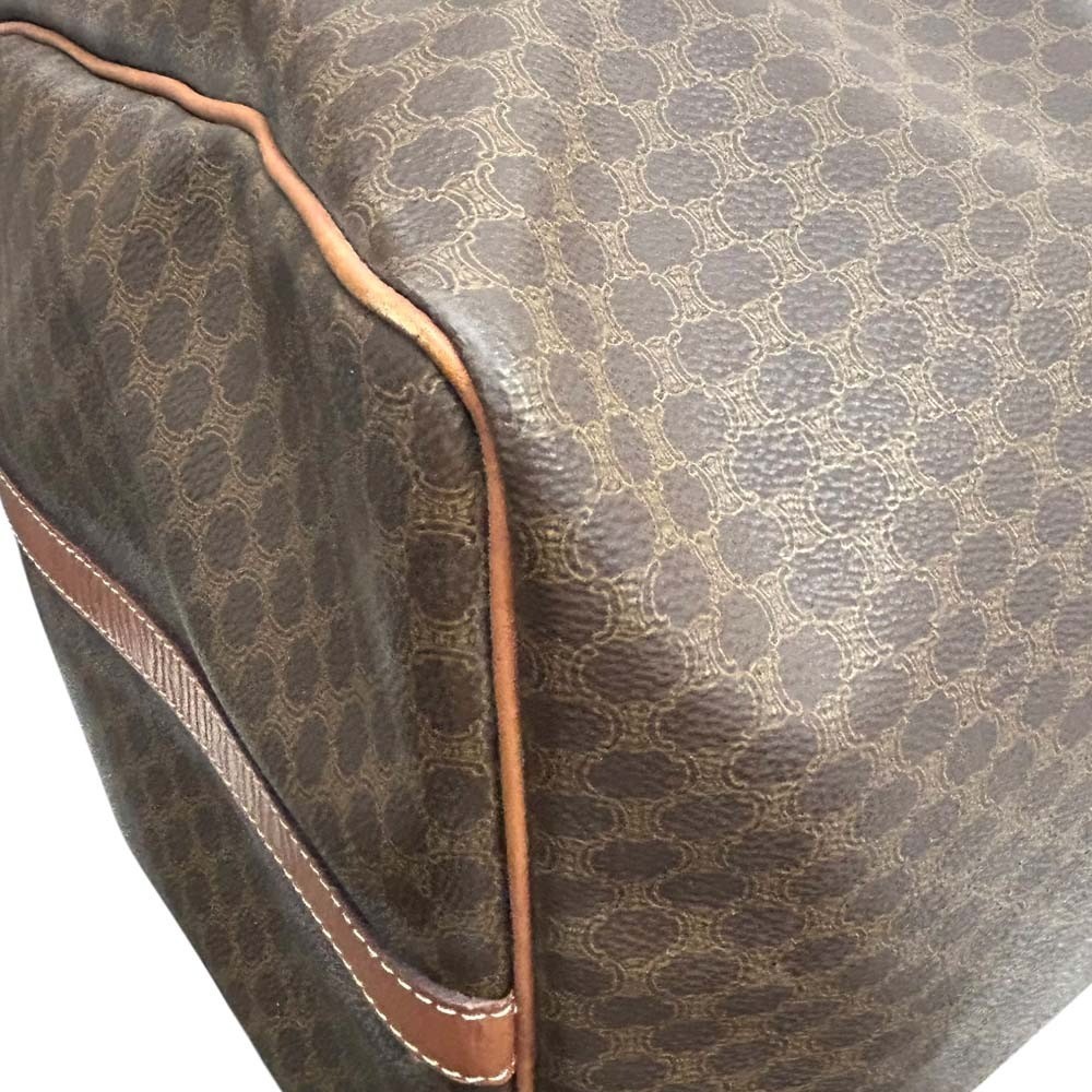 Auth CELINE Macadam Boston Bag Brown Leather Canvas Travel Gold w/Shoulder Strap
