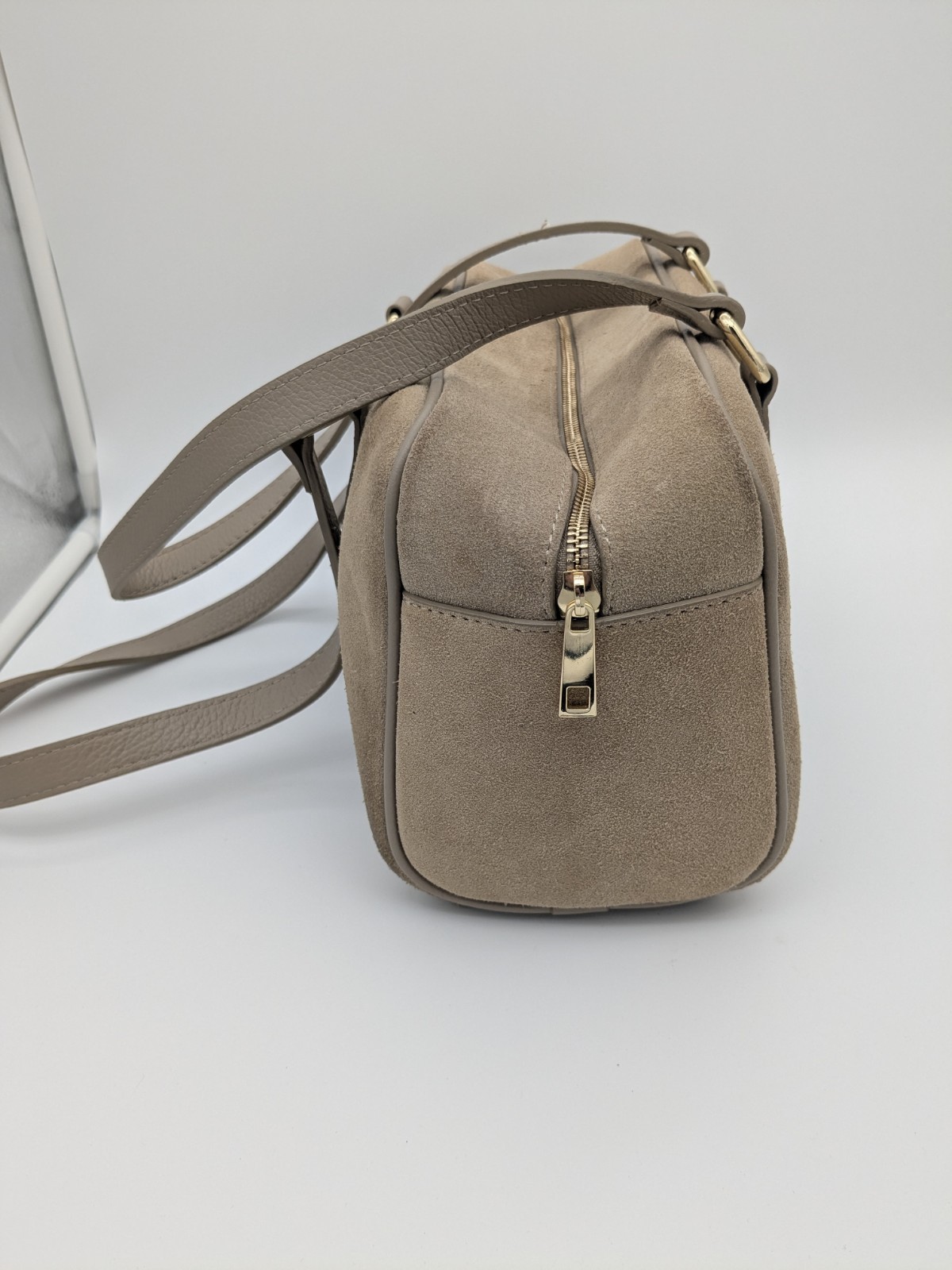 Lilium Firenze Italian Leather Suede Minimalist Small Duffle Handbag Neutral