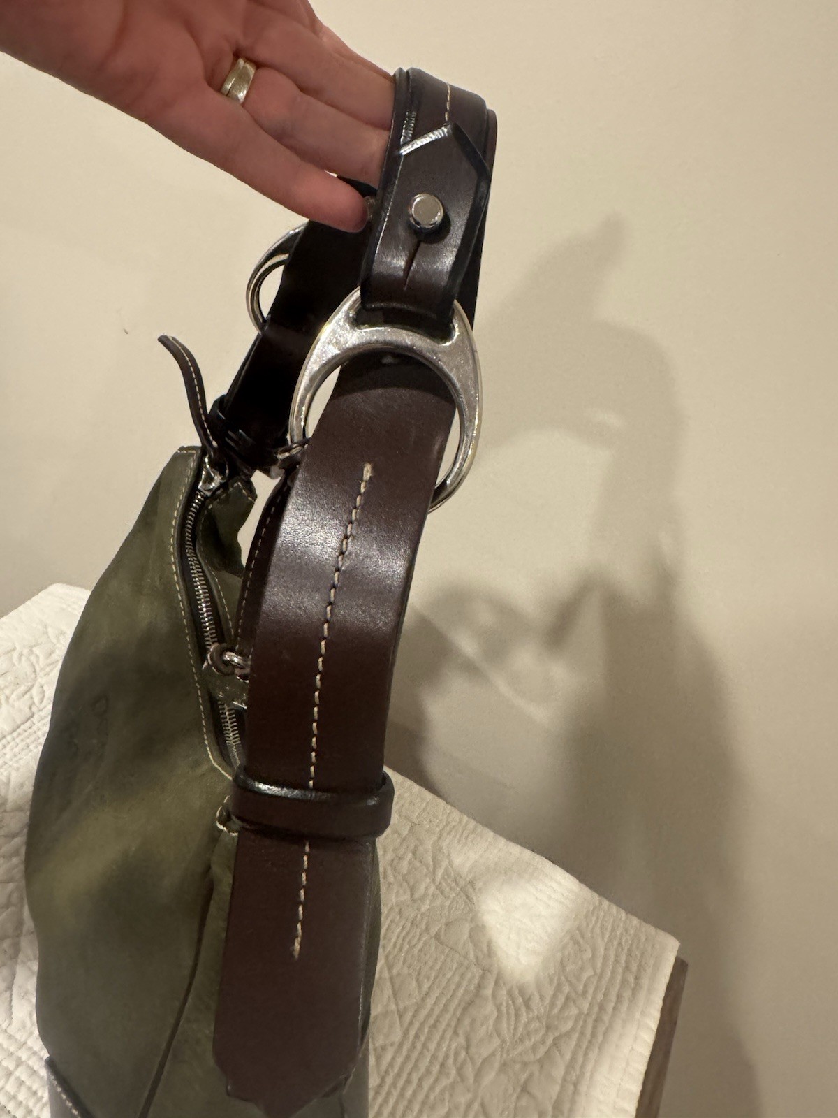 Dooney & Bourke Green Zip Shoulder Bag w/ Brown Detachable Strap, Pockets