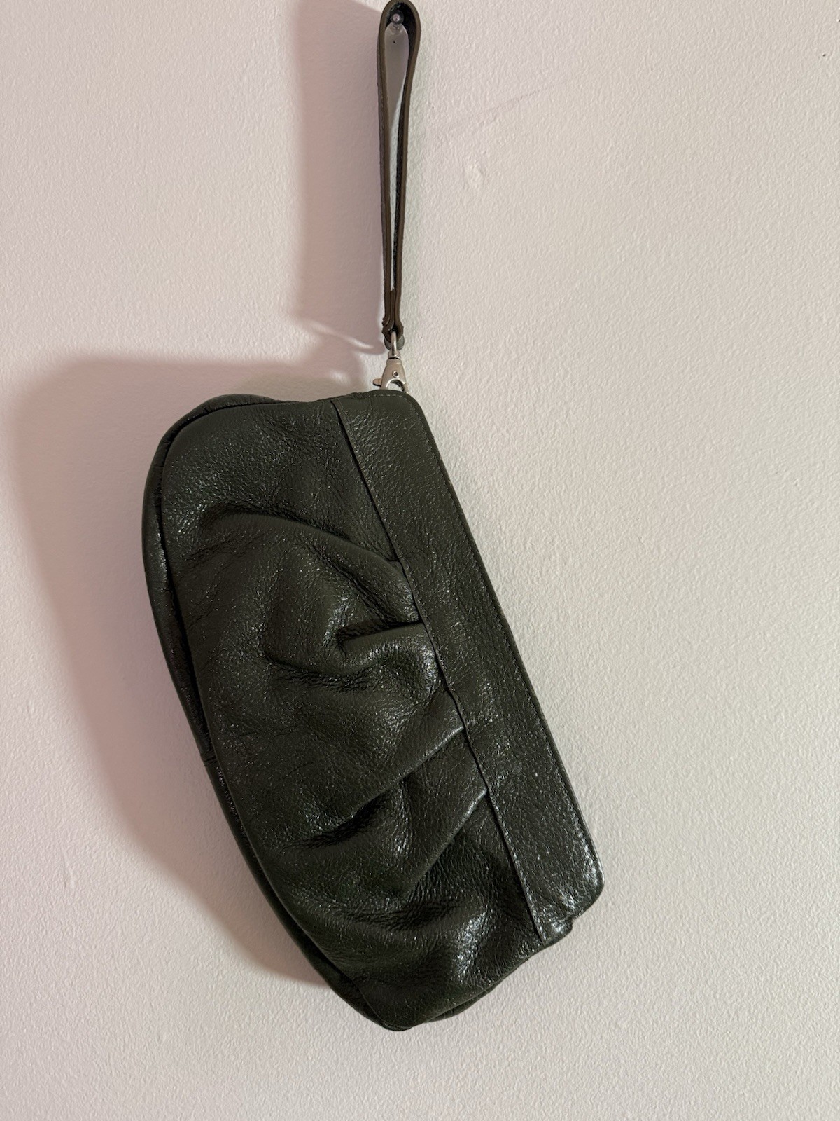 Designer Genuine Leather Clutch OliveGreen Gathered/Ruched Made in Italy