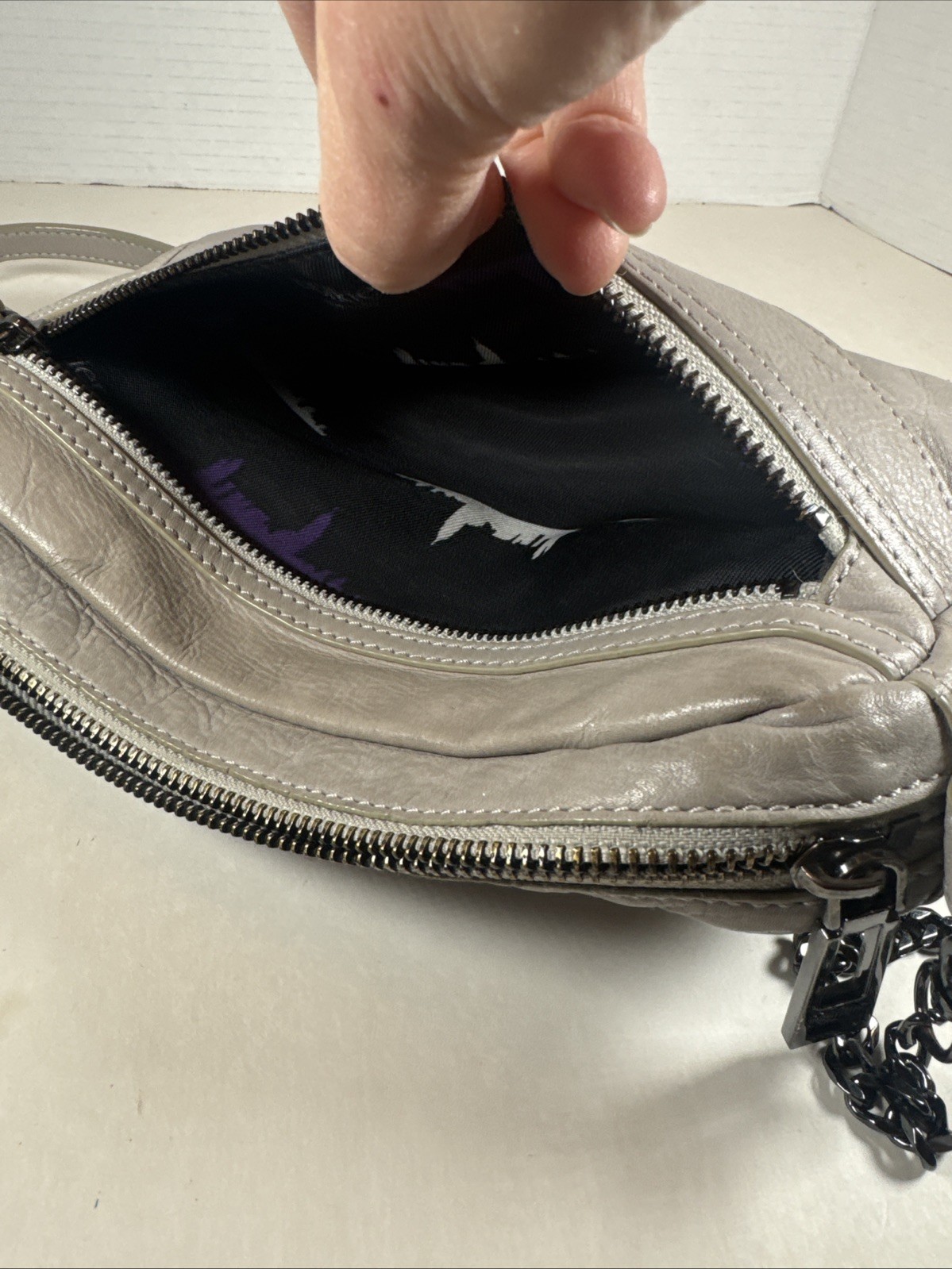Botkier Brand Trigger Distressed Gray Leather Studded Zip Crossbody Detach Strap