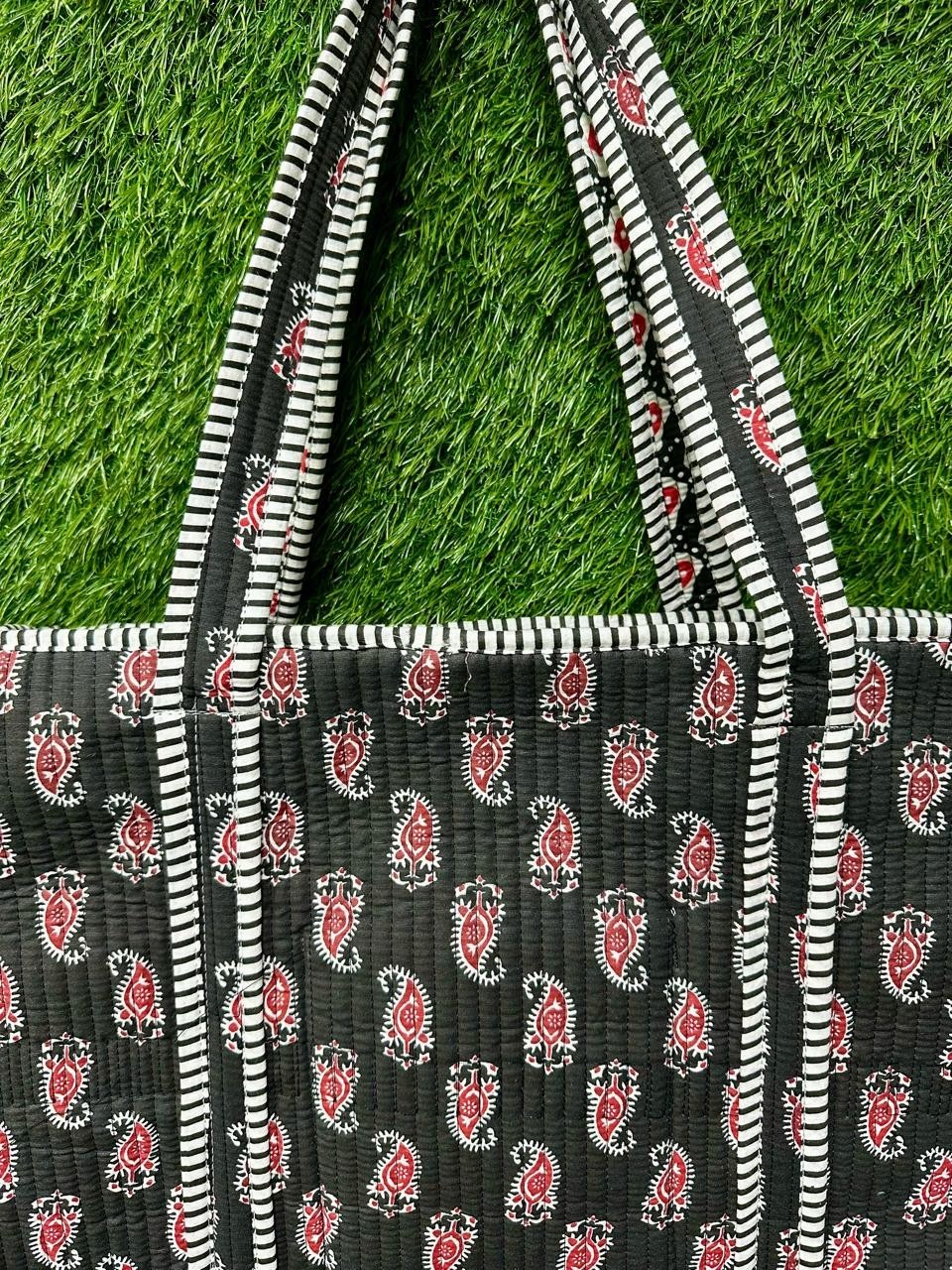 Black Floral Quilted Tote Bag Indian Hand Block Print Handbag Woman’s Market Bag